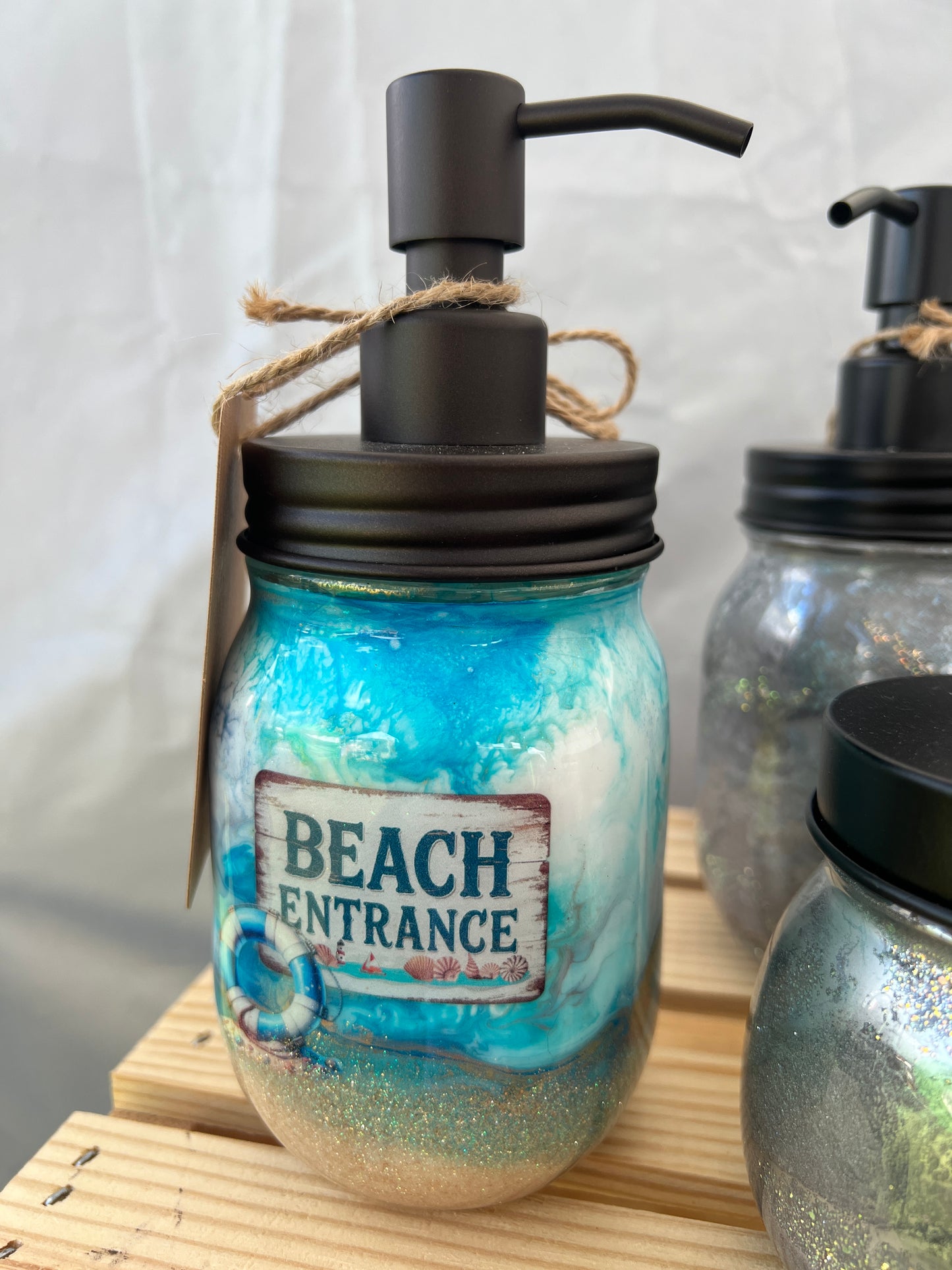 RTS. Hand Soap Pump Dispenser (not foam) - Blues, white, and gold glitter beach colors