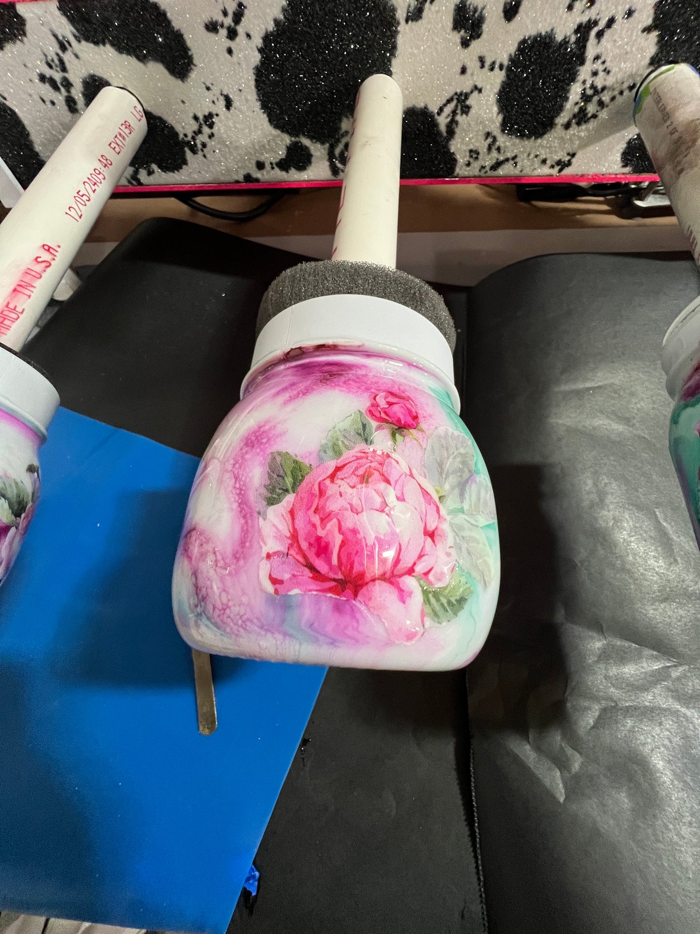 4pc Bathroom set pink, teal, mauve, white with Hand Soap Pump Dispenser (not foam), tooth brush holder, cotton ball and q-tip holders