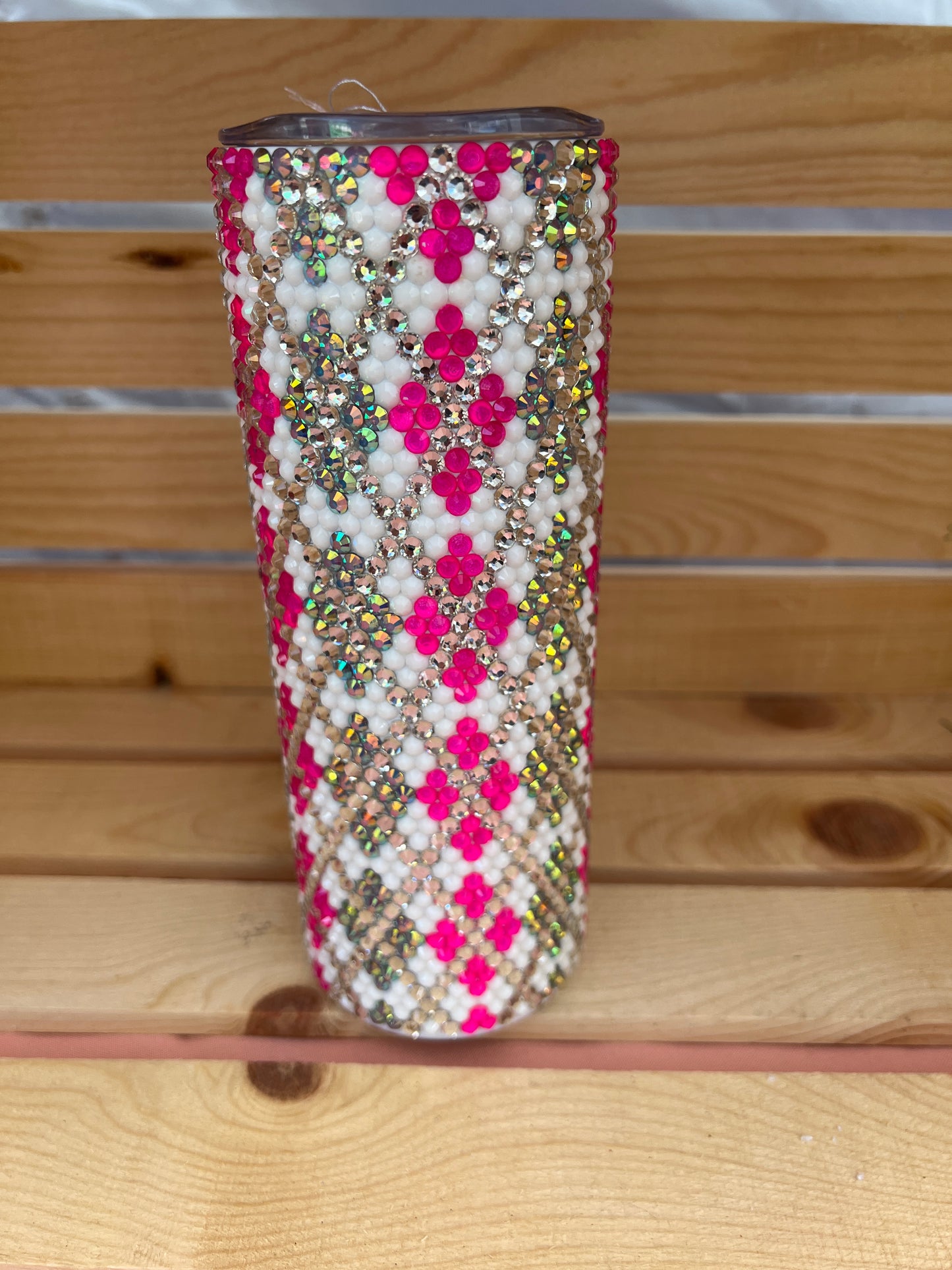 RTS. Rhinestone hot pink, white, and silver argyle Tumbler 20oz