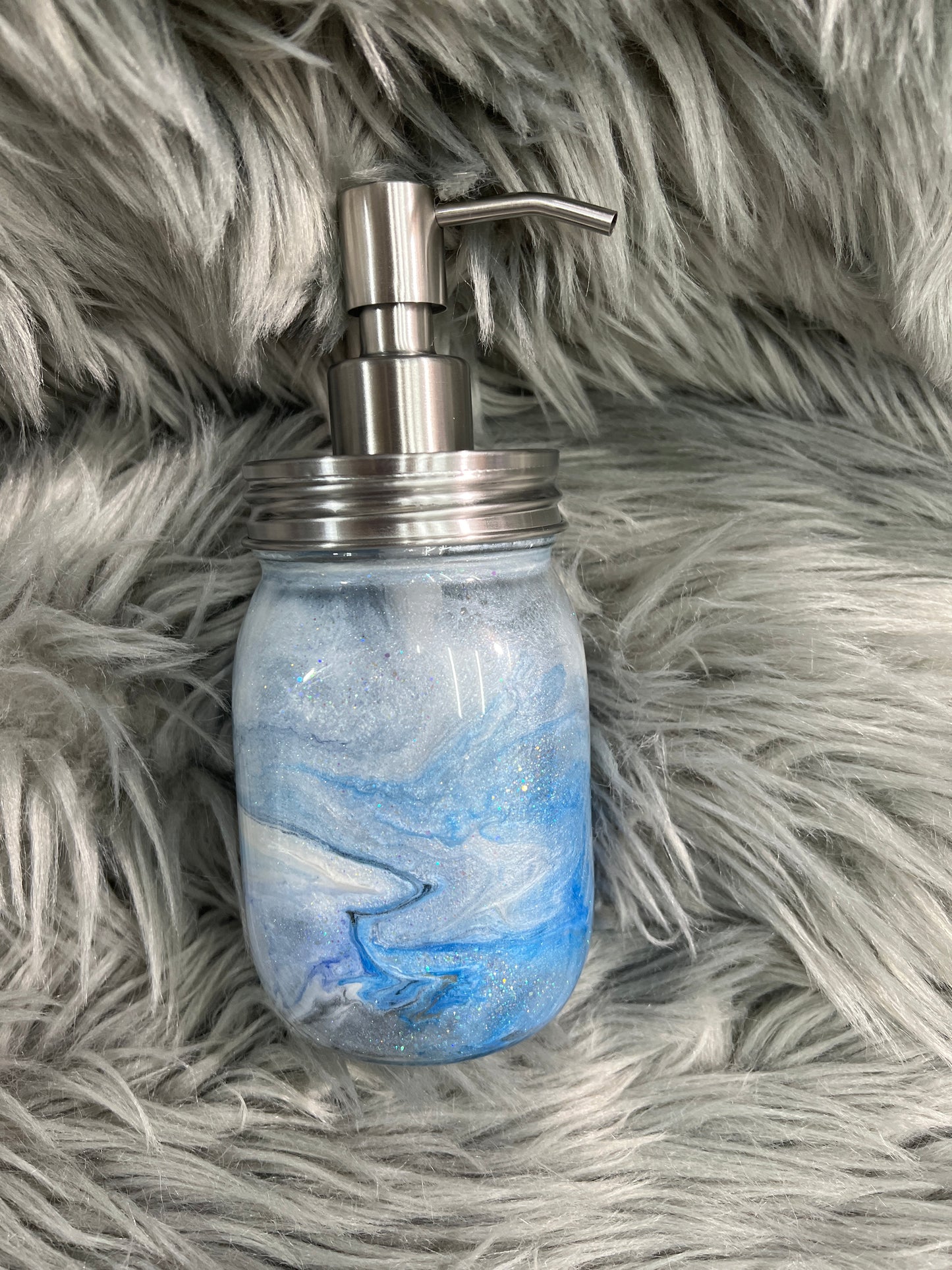 RTS. Hand Soap Pump Dispenser (not foam) blues and white, with silver.