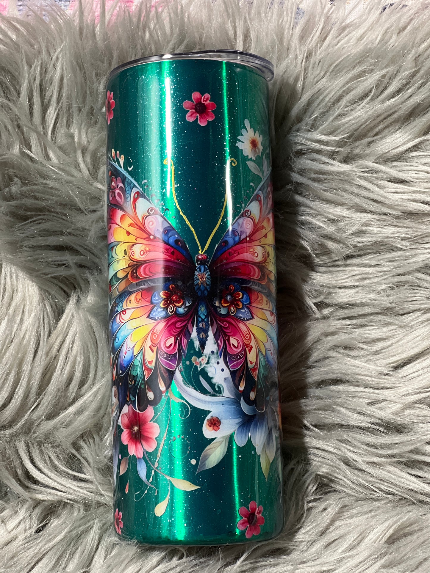 Clearance-RTS. Metallic Green Butterfly 20oz