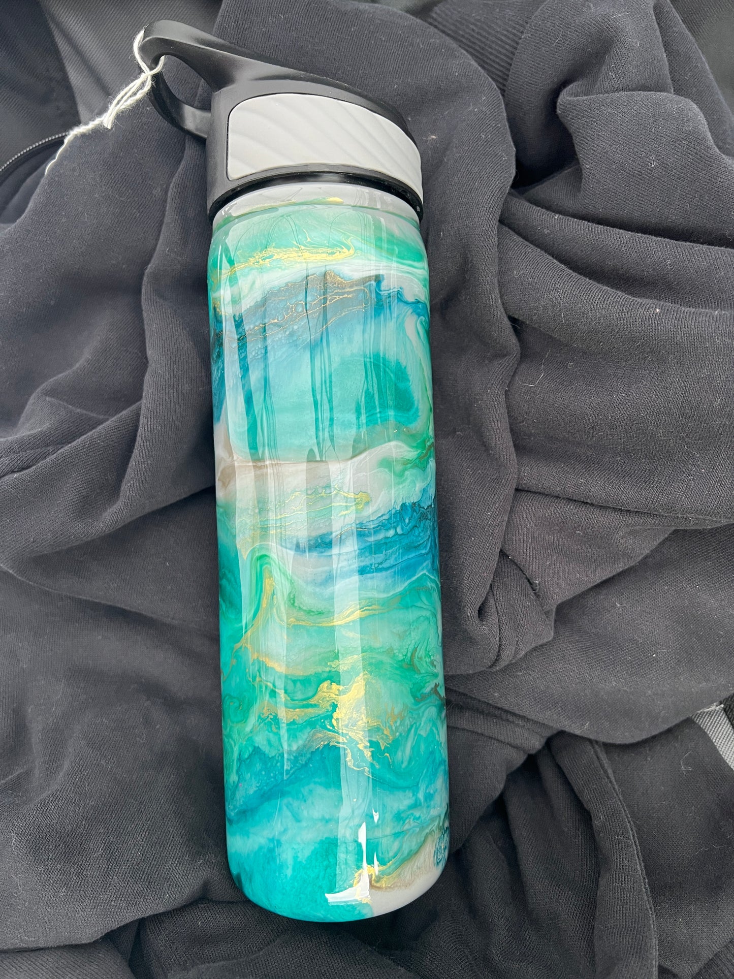 RTS.  Flip Sip container - blue greens, gold and gray Ink Swirl 32oz