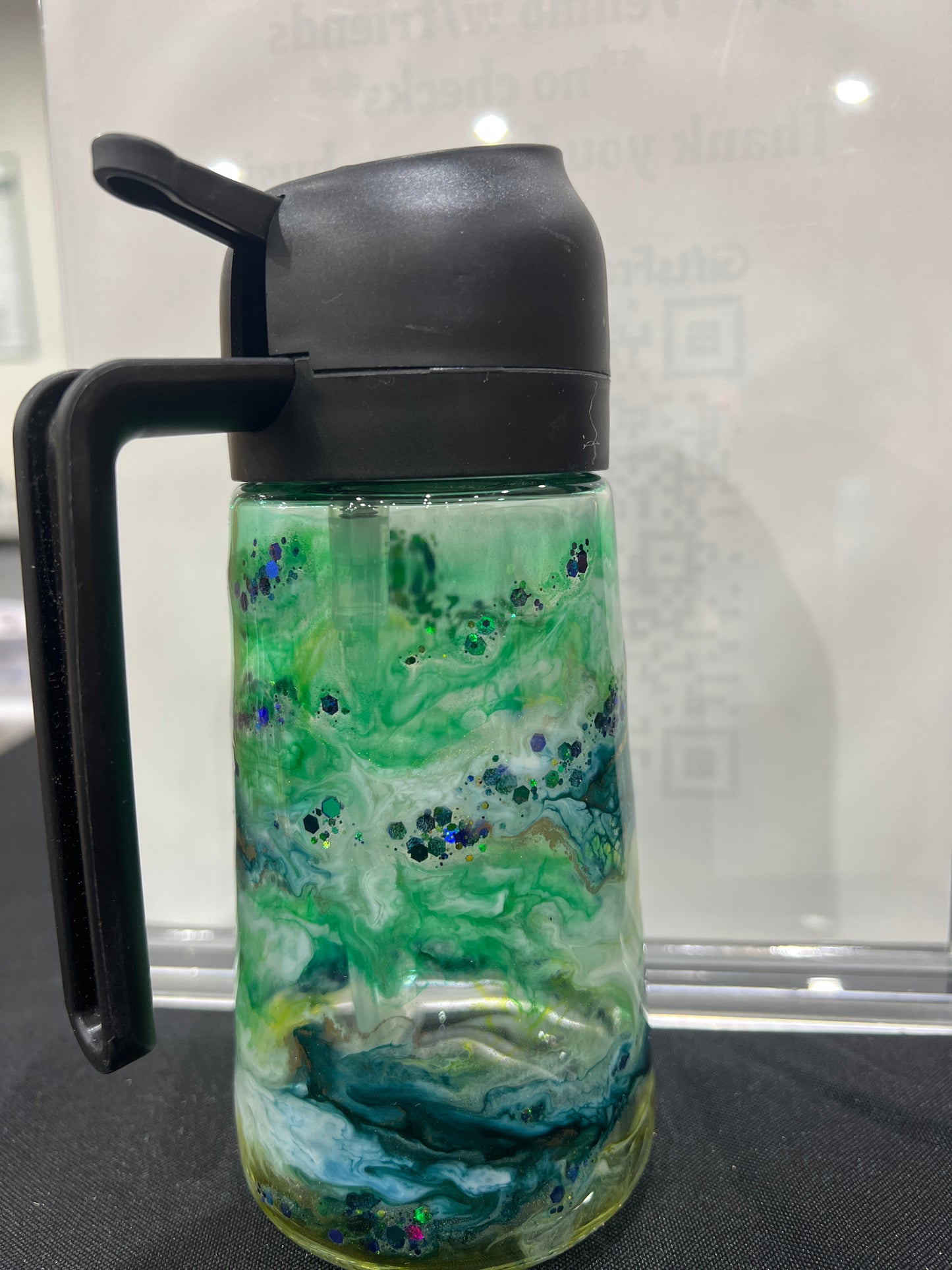 RTS.  Oil sprayer and pour bottle - Blue, white, and green with glitter 16oz