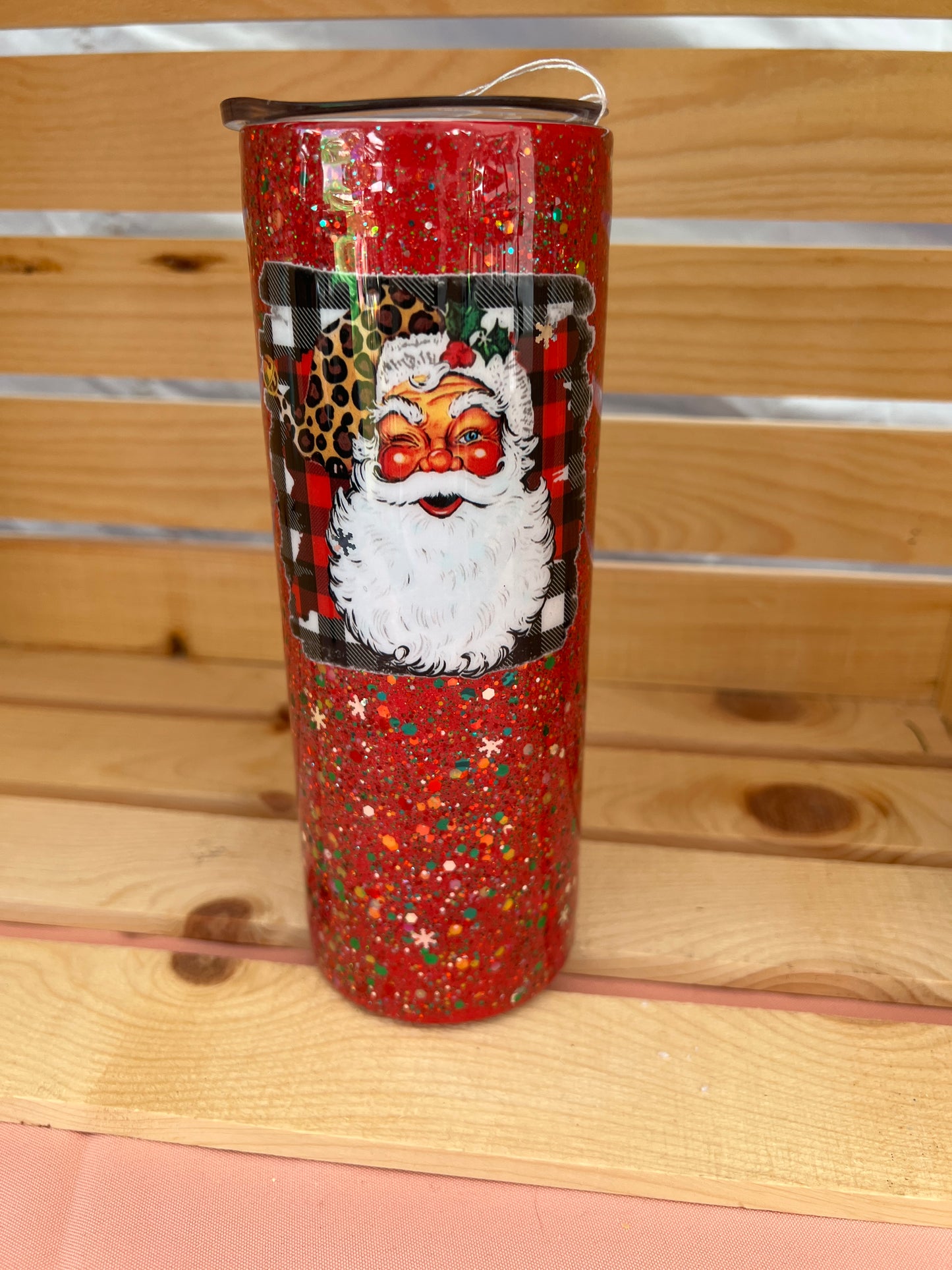 RTS.  Santa Red Glitter Merry & Bright Santa 20oz