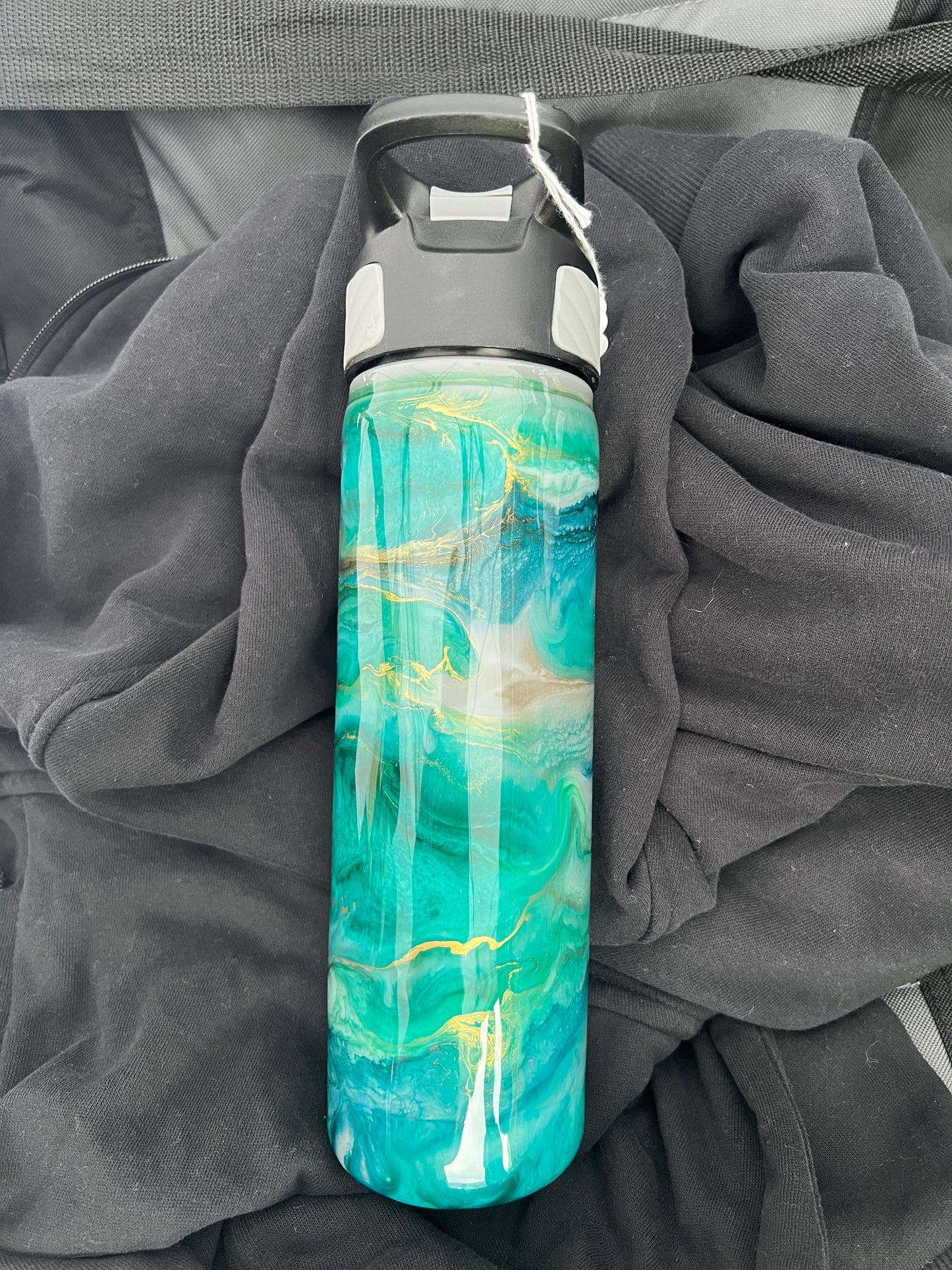 RTS.  Flip Sip container - blue greens, gold and gray Ink Swirl 32oz