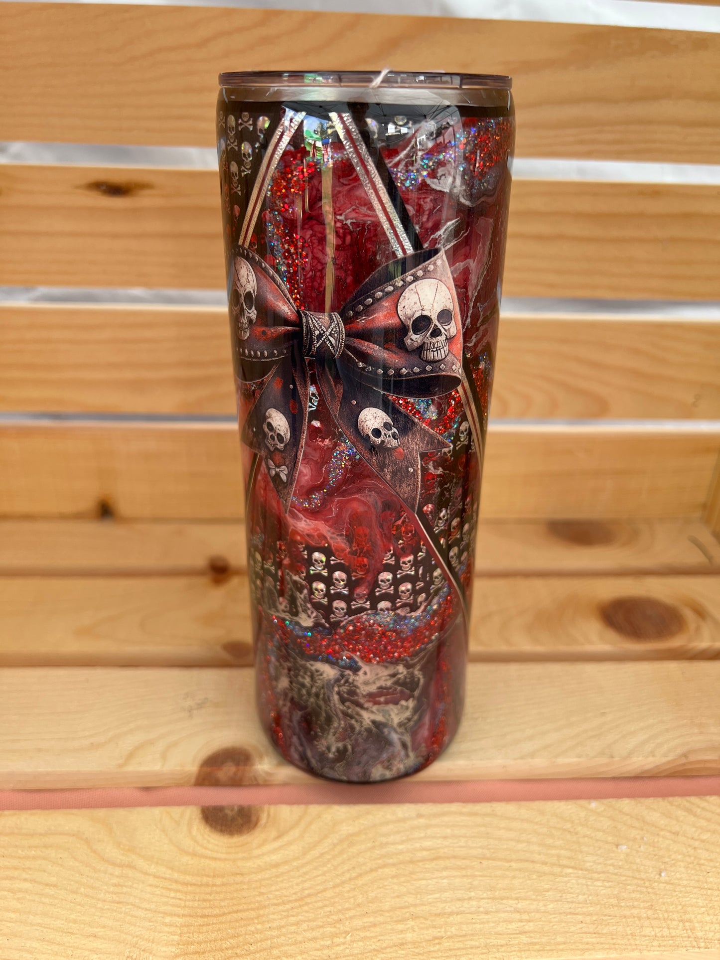 RTS.  Red reverse marble with skulls and a bow 20oz