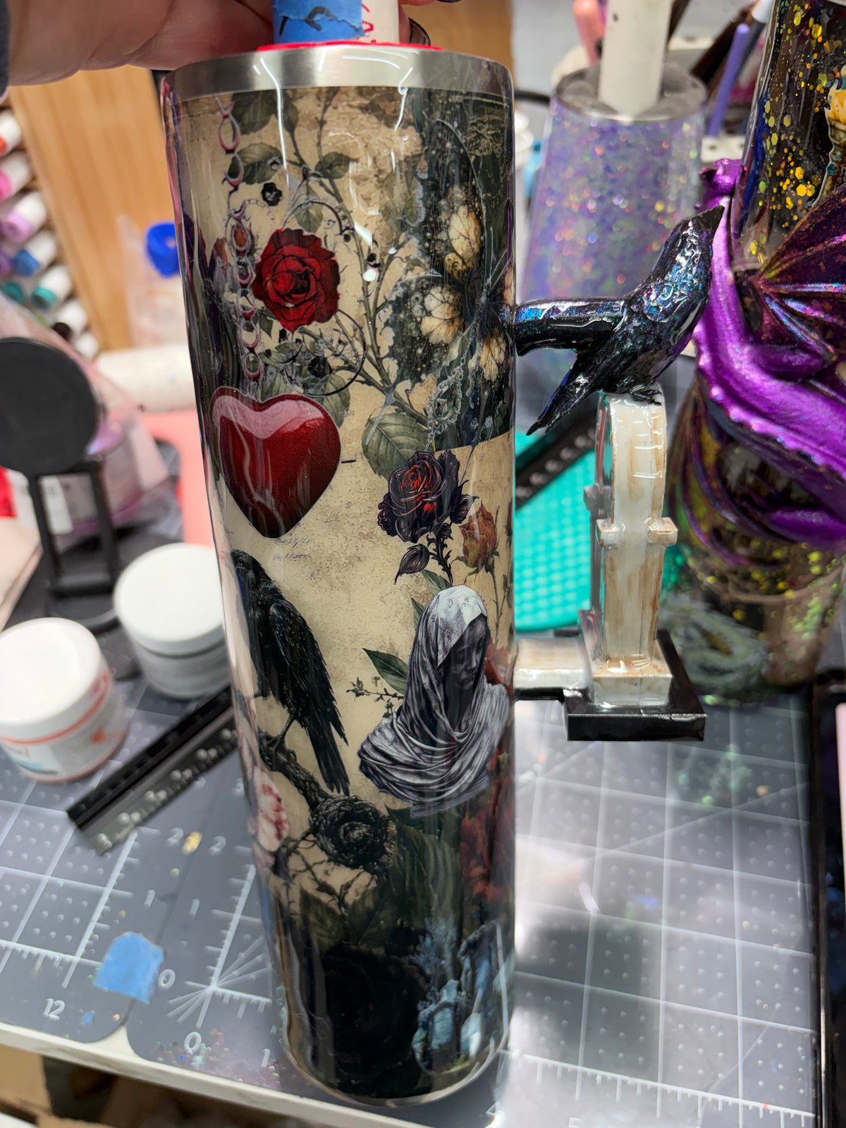 New-In process. Cemetery girl and raven with 3d handle 32oz plump tipsy