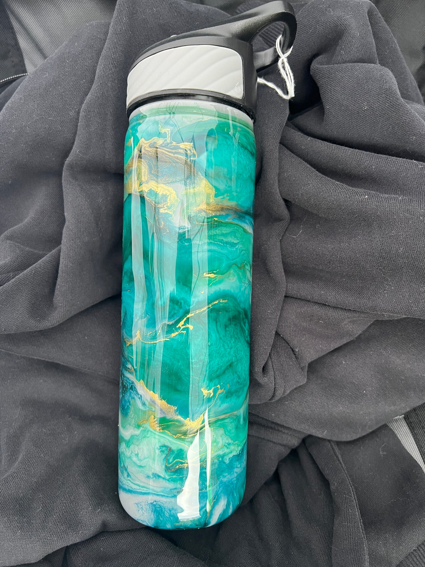 RTS.  Flip Sip container - blue greens, gold and gray Ink Swirl 32oz