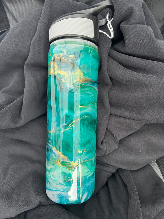 RTS.  Flip Sip container - blue greens, gold and gray Ink Swirl 32oz