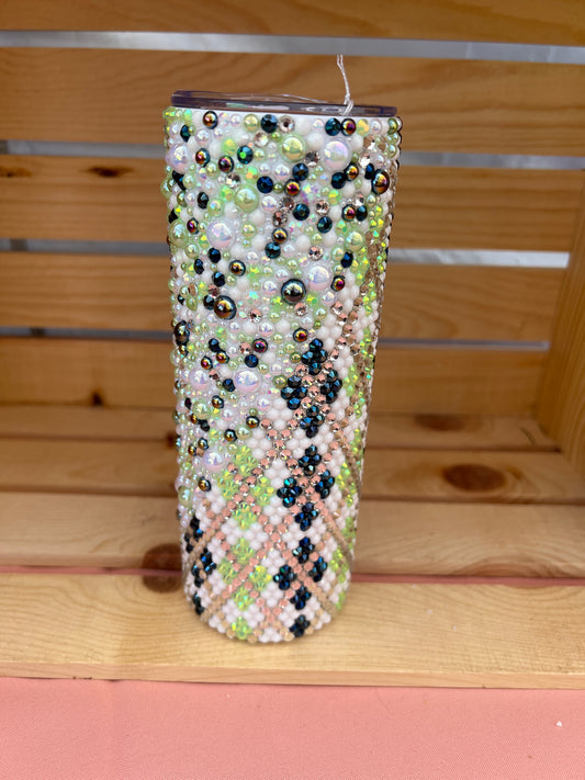 RTS. Rhinestone and half bubble scatter with bright green, navy blue, white, and silver argyle Tumbler 20oz