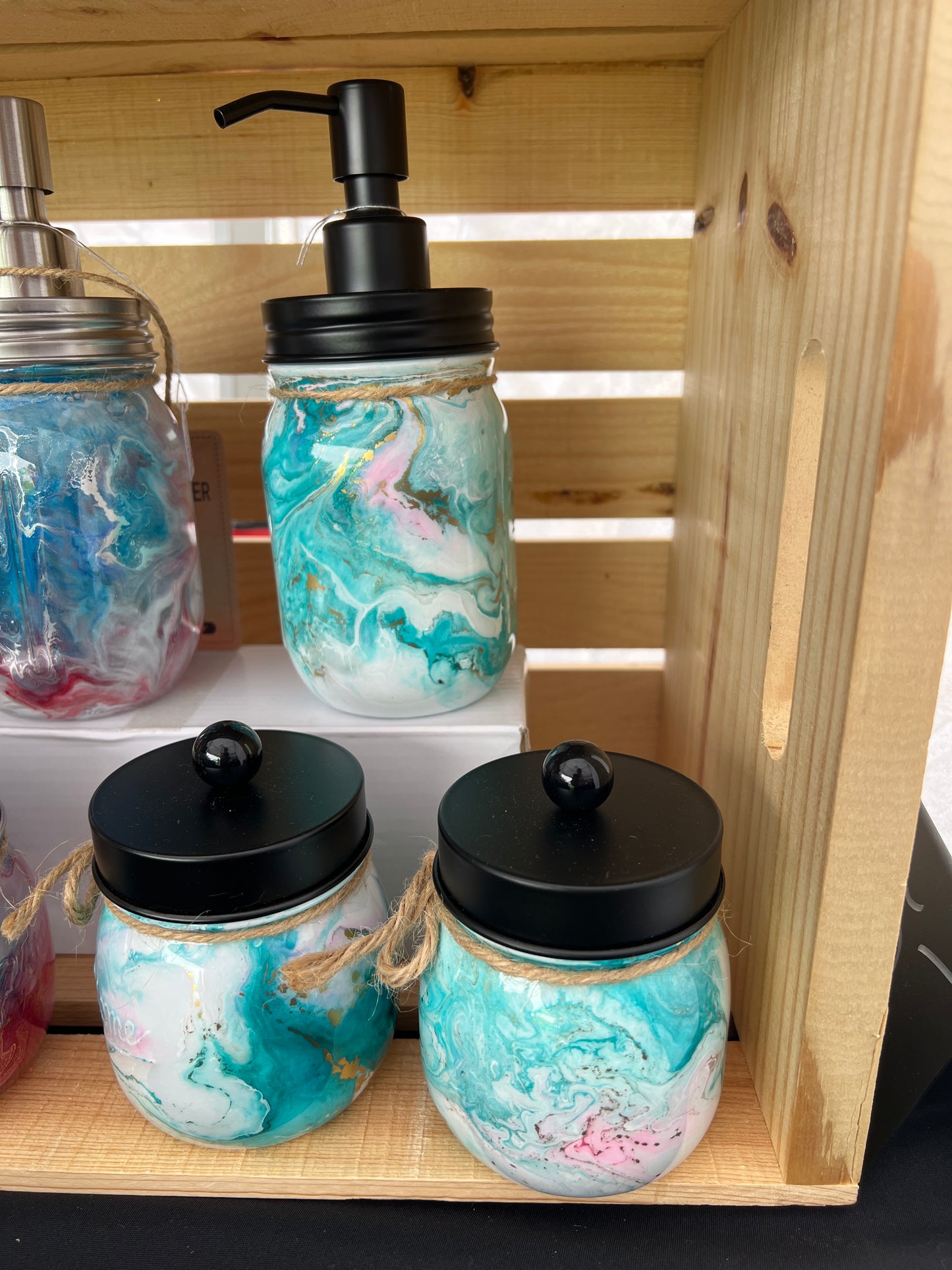 3pc Bathroom set white, teal, pink with Hand Soap Pump Dispenser (not foam), tooth brush holder, cotton ball and q-tip holders