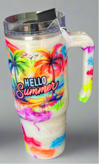 Clearance-RTS. Hello Summer Neon beach 24oz with handle