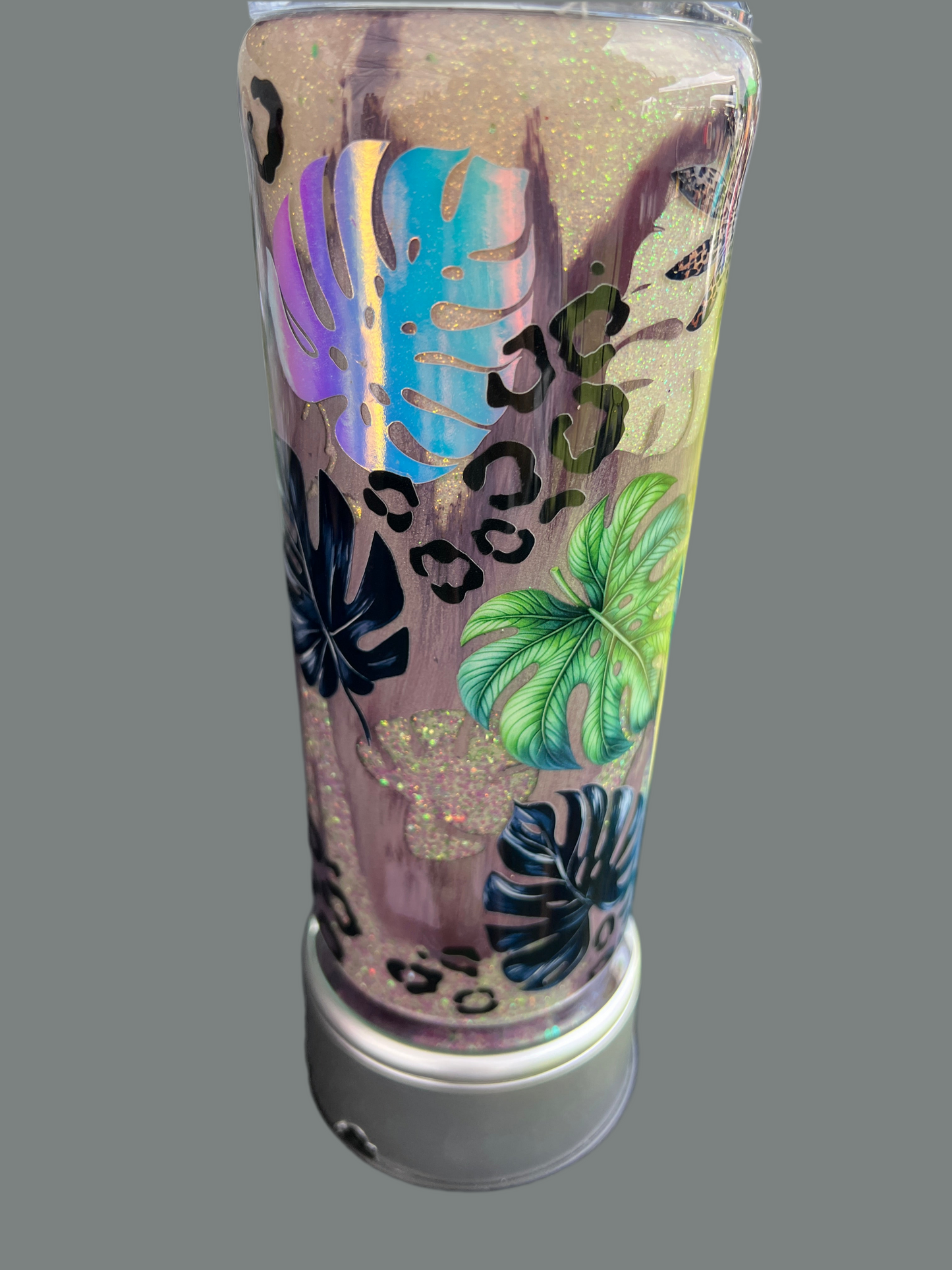 Clearance-RTS. Distressed Glow Monstera UV color change glitter base Built Brand 20oz