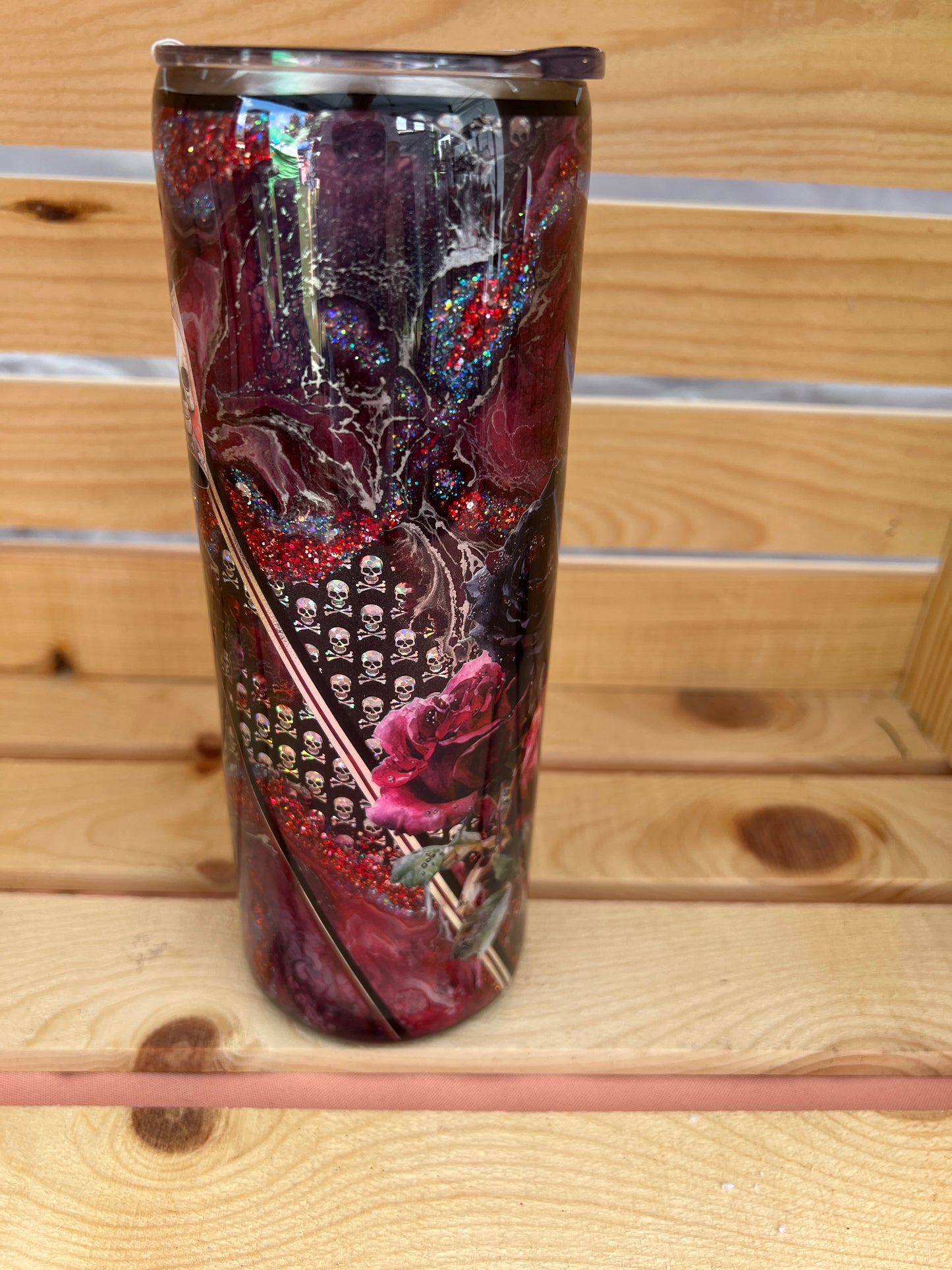 RTS.  Red reverse marble with skulls and a bow 20oz