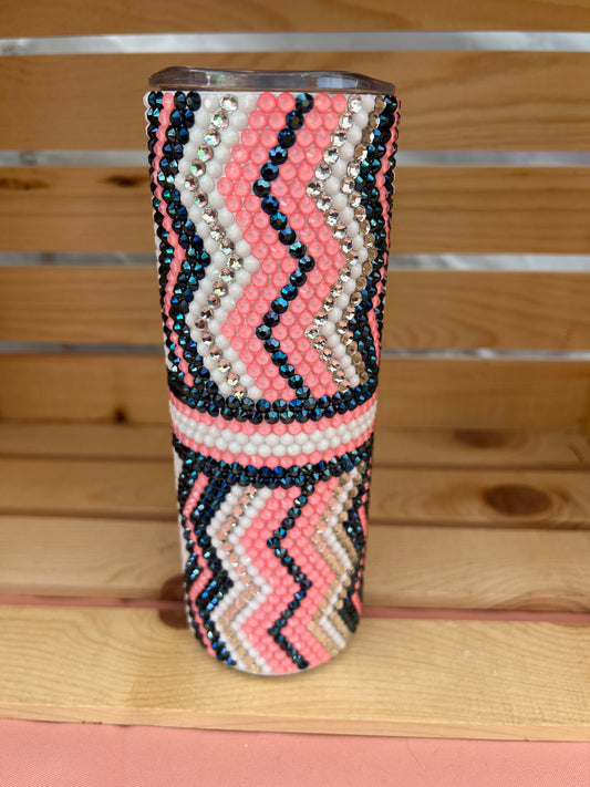 RTS. Rhinestone navy blue, coral, white, and silver pattern Tumbler 20oz