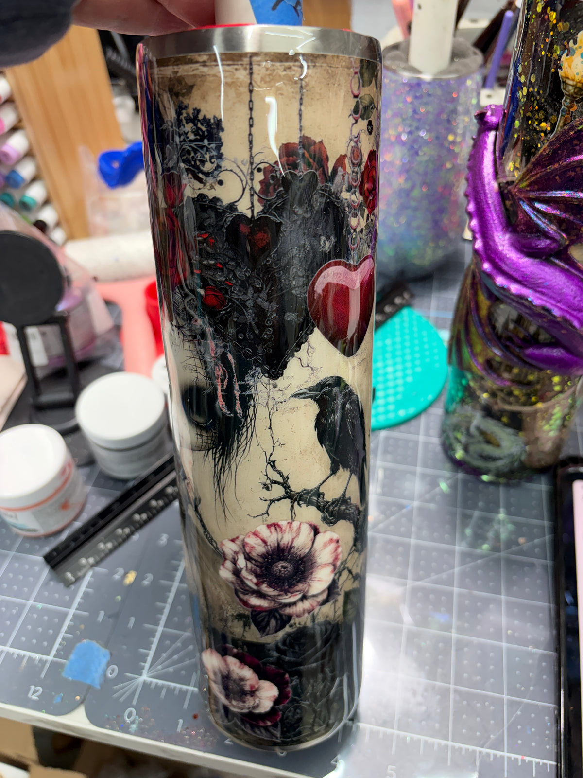 New-In process. Cemetery girl and raven with 3d handle 32oz plump tipsy