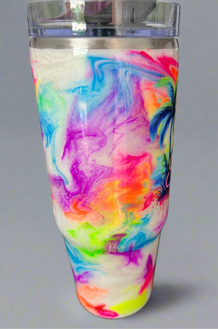 Clearance-RTS. Hello Summer Neon beach 24oz with handle