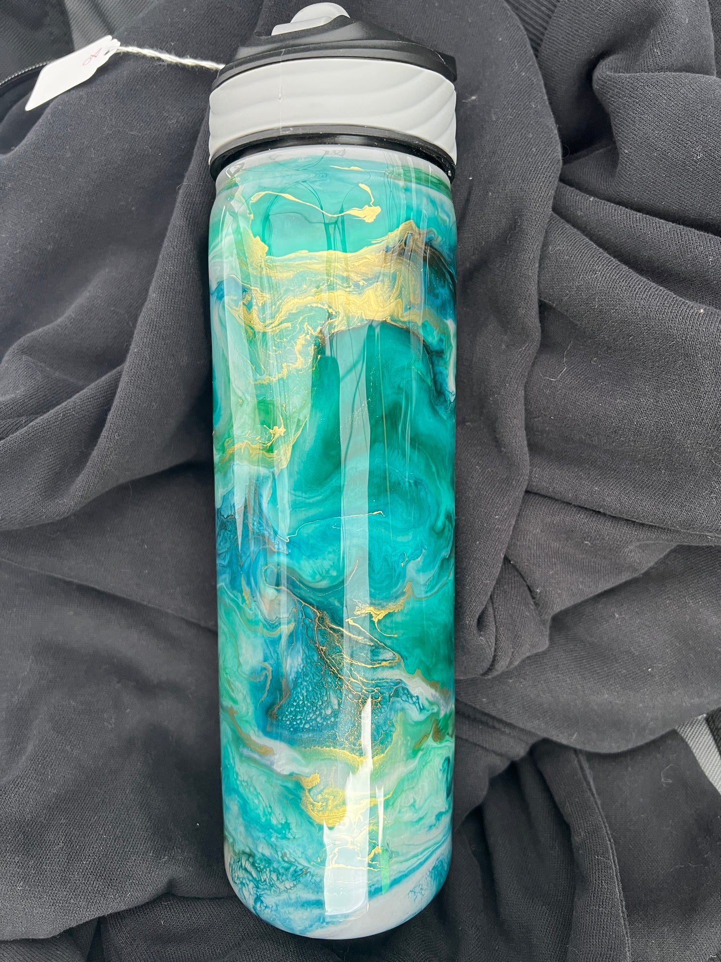RTS.  Flip Sip container - blue greens, gold and gray Ink Swirl 32oz