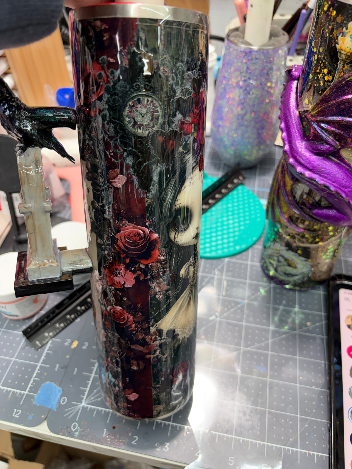 New-In process. Cemetery girl and raven with 3d handle 32oz plump tipsy