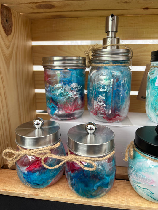 4pc Bathroom set red,white,and blue with Hand Soap Pump Dispenser (not foam), tooth brush holder, cotton ball and q-tip holders