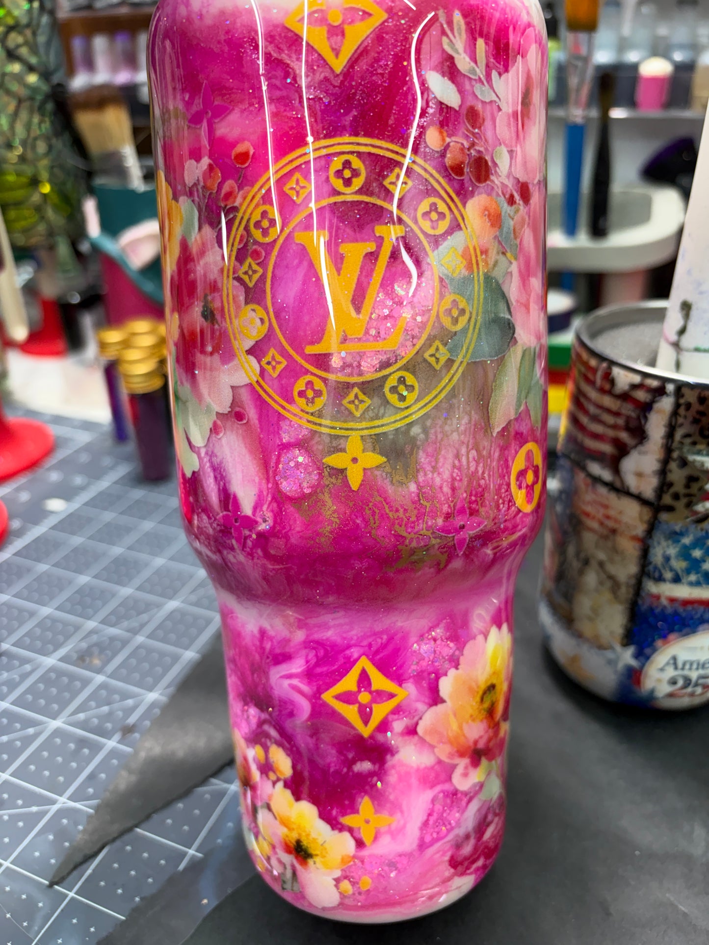 RTS. Ello 30oz - LV inspired ink swirl tumbler with carry handle hidden straw lid