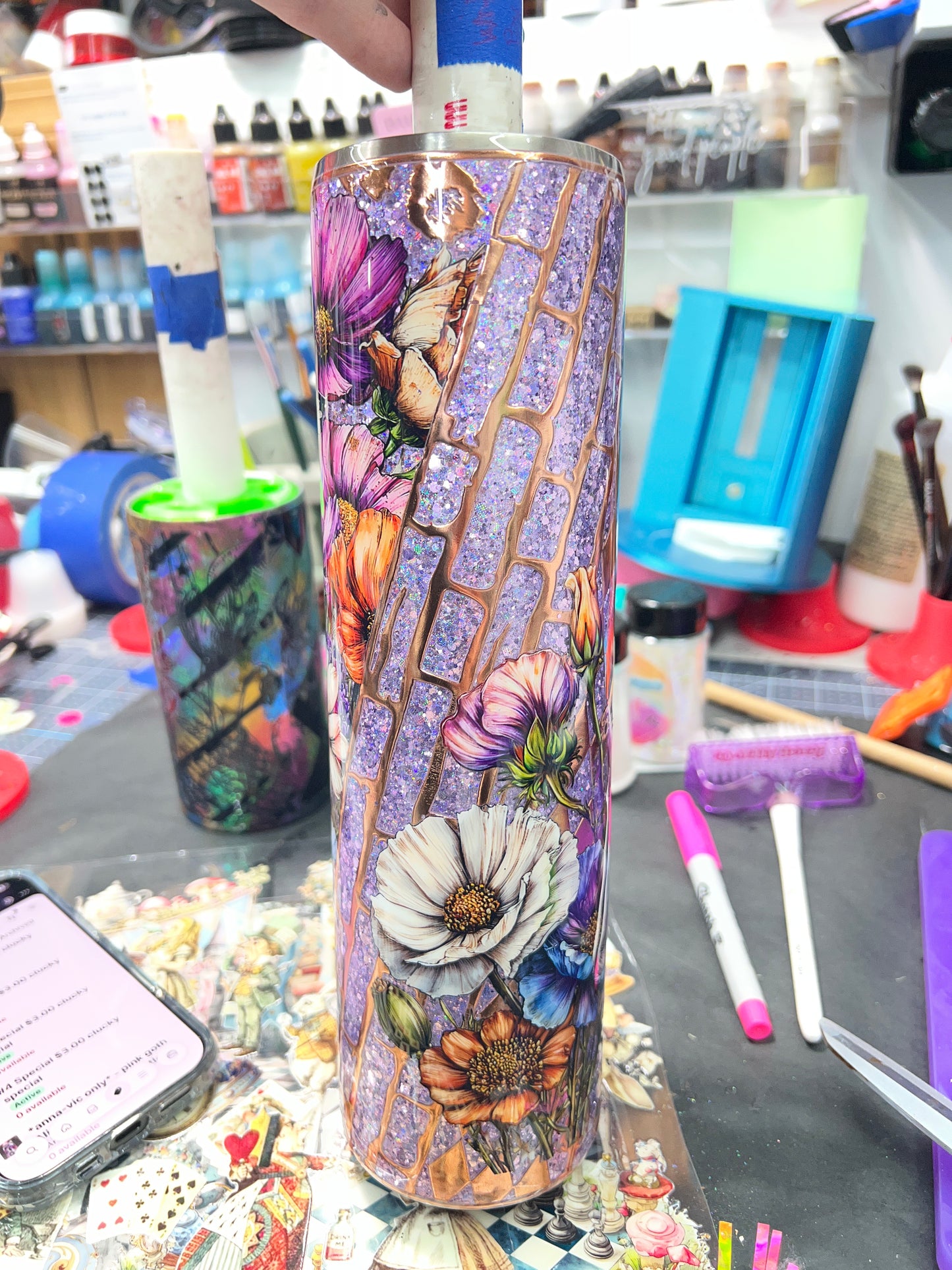Whitney only Purple glitter copper with flowers tumbler 32oz plump tipsy