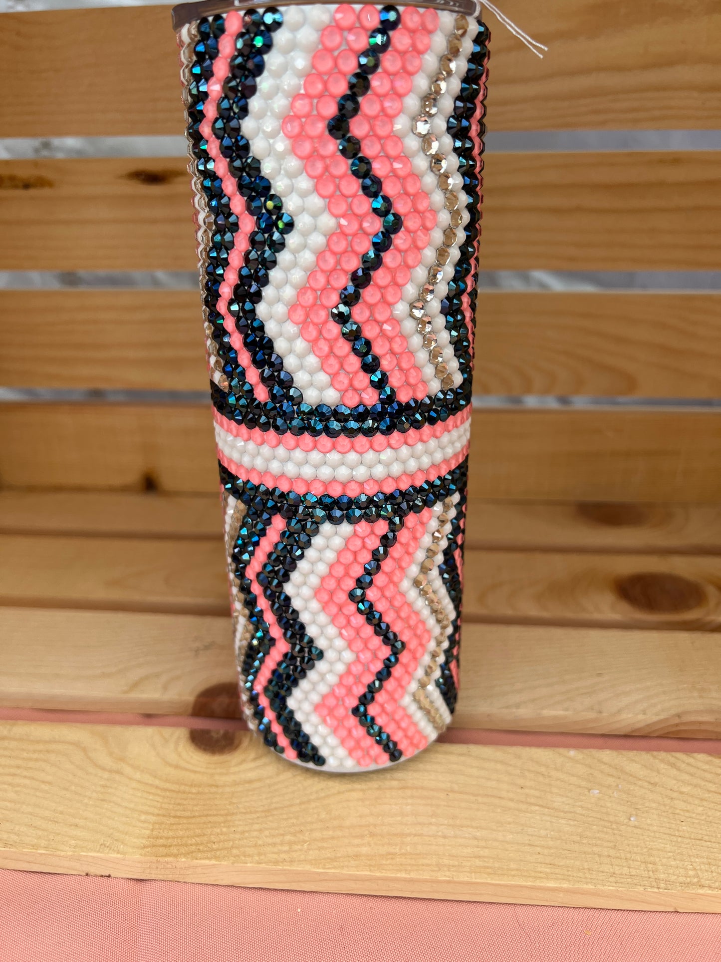 RTS. Rhinestone navy blue, coral, white, and silver pattern Tumbler 20oz