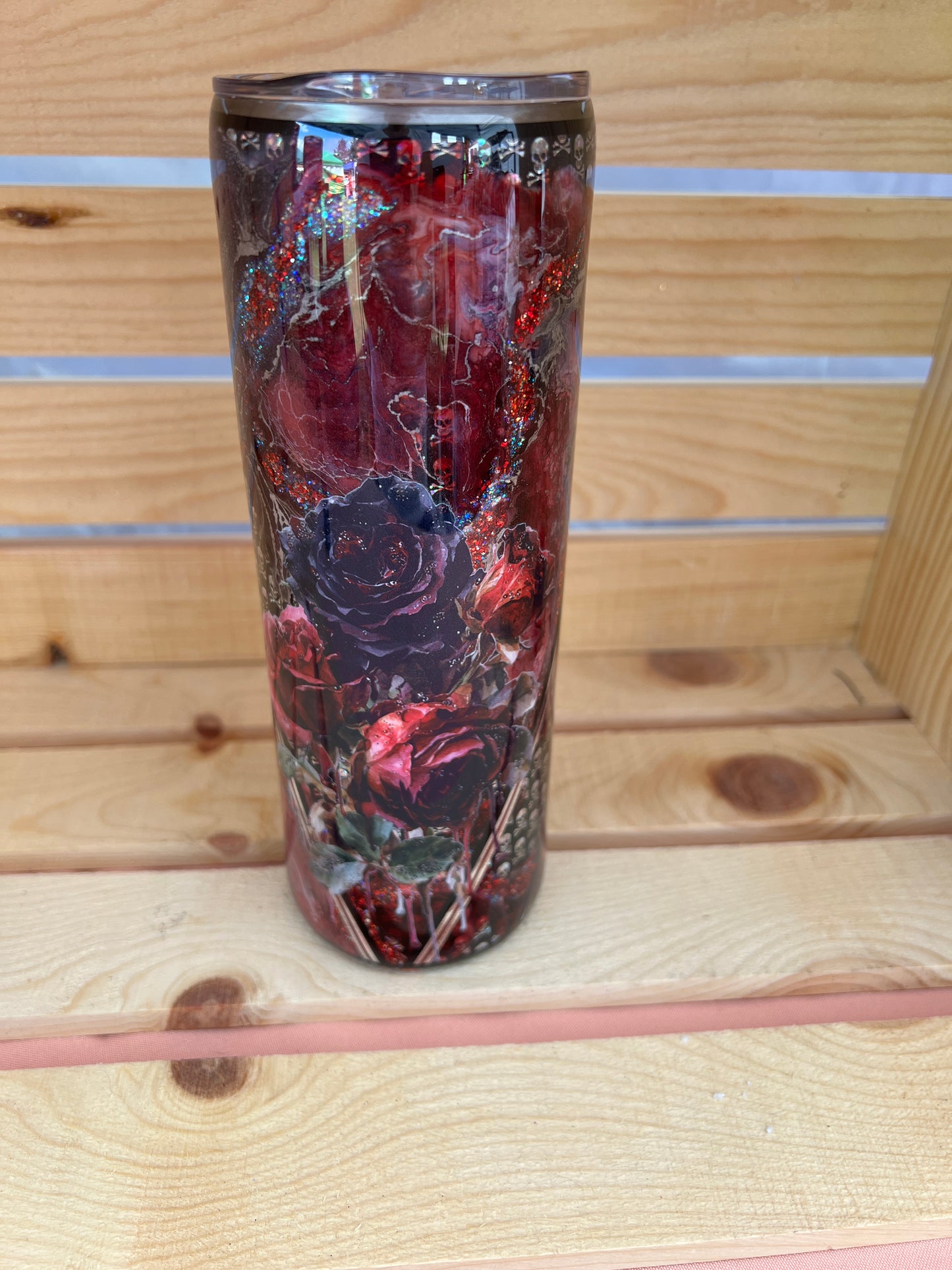 RTS.  Red reverse marble with skulls and a bow 20oz