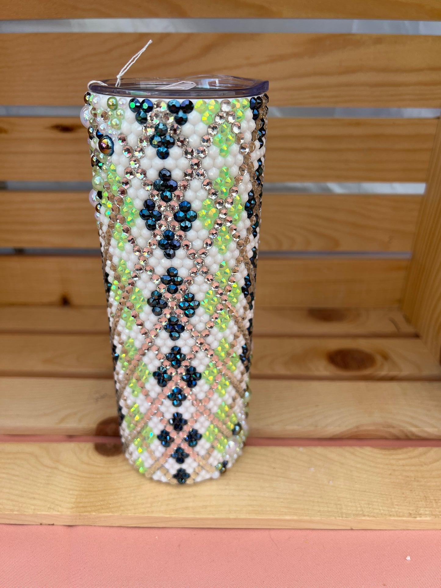 RTS. Rhinestone and half bubble scatter with bright green, navy blue, white, and silver argyle Tumbler 20oz