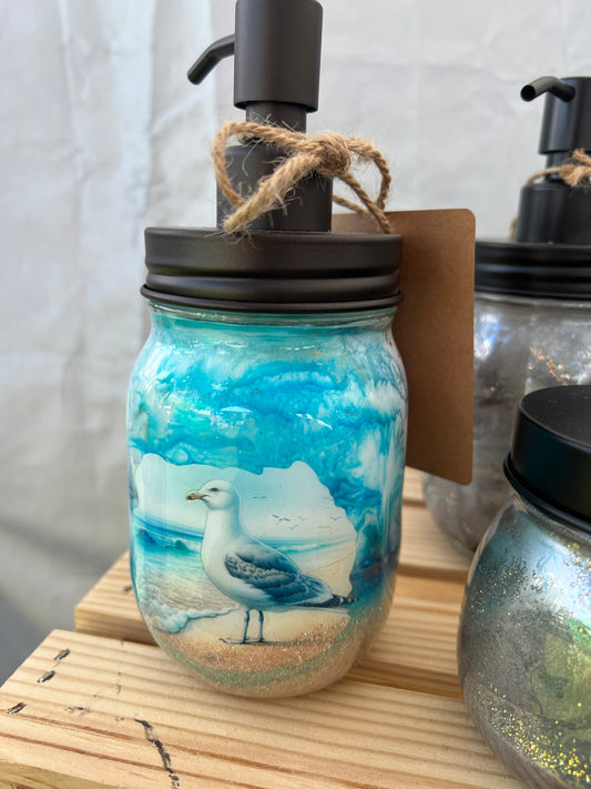 RTS. Hand Soap Pump Dispenser (not foam) - Blues, white, and gold glitter beach colors