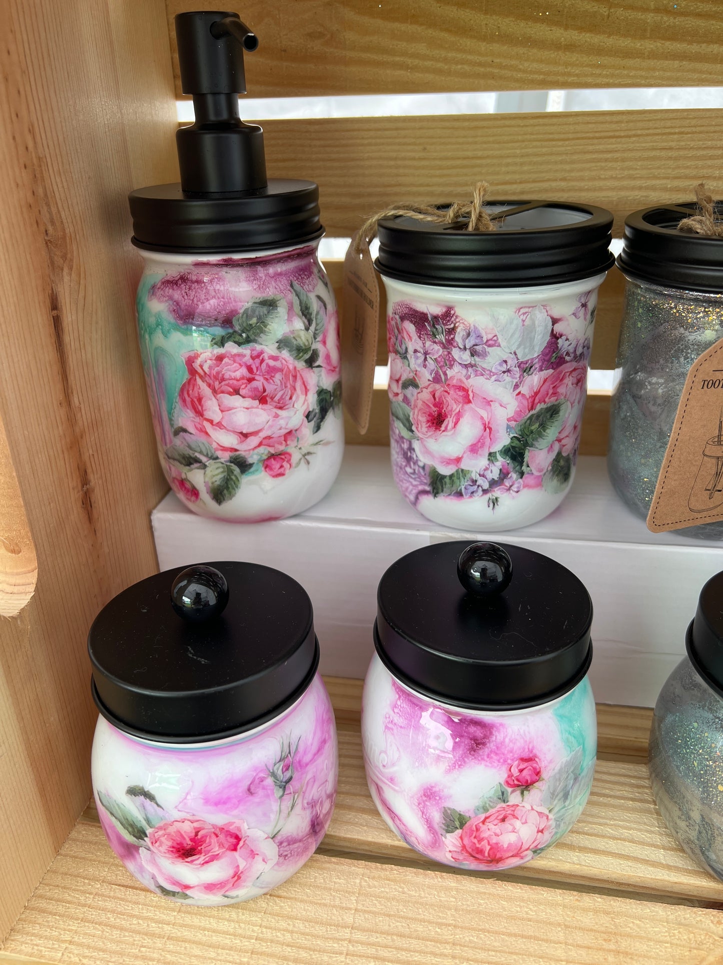 4pc Bathroom set pink, teal, mauve, white with Hand Soap Pump Dispenser (not foam), tooth brush holder, cotton ball and q-tip holders