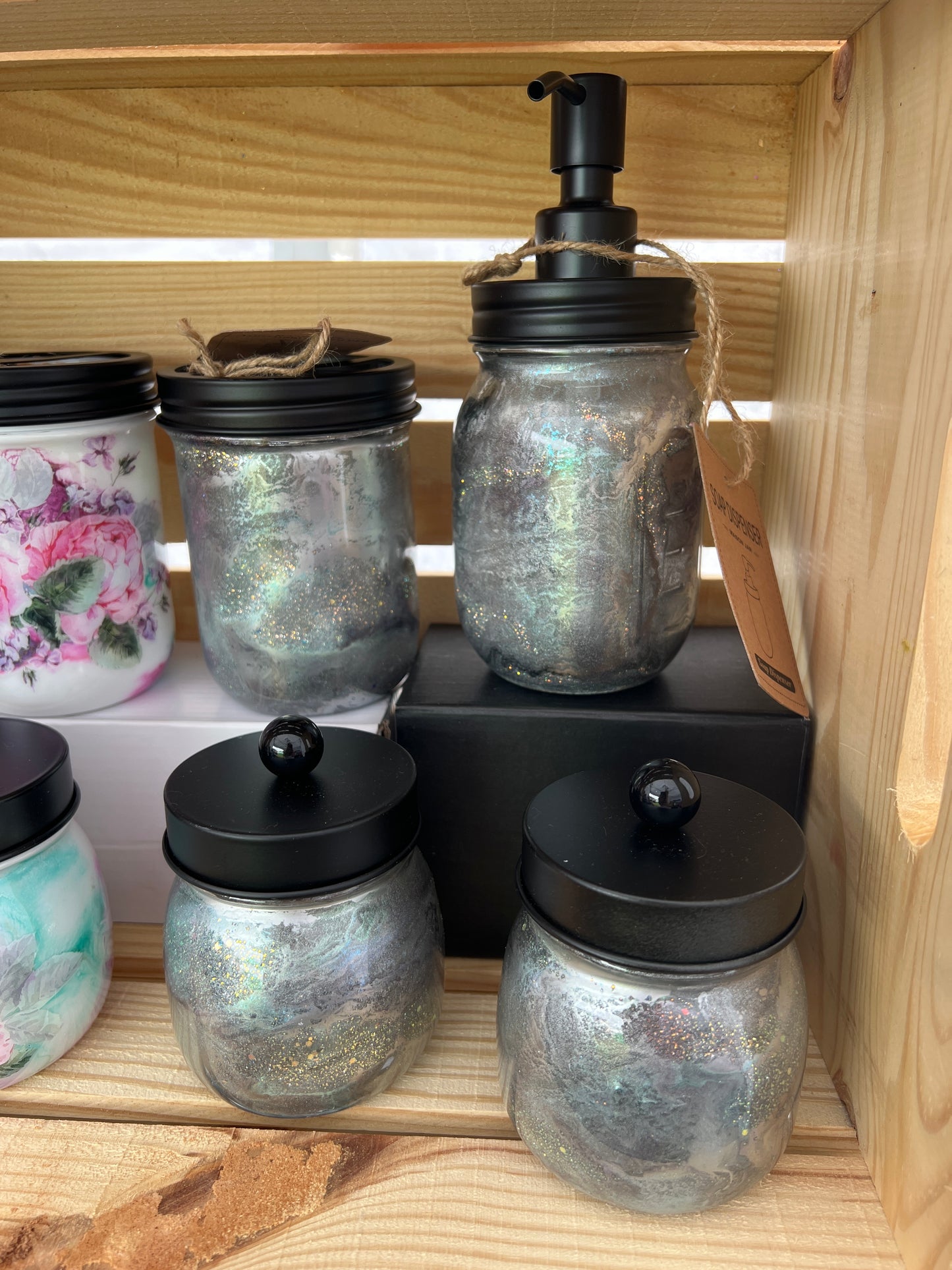 4pc Bathroom set silver in color with Hand Soap Pump Dispenser (not foam), tooth brush holder, cotton ball and q-tip holders