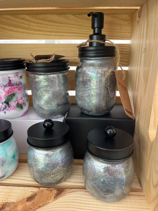 4pc Bathroom set silver in color with Hand Soap Pump Dispenser (not foam), tooth brush holder, cotton ball and q-tip holders