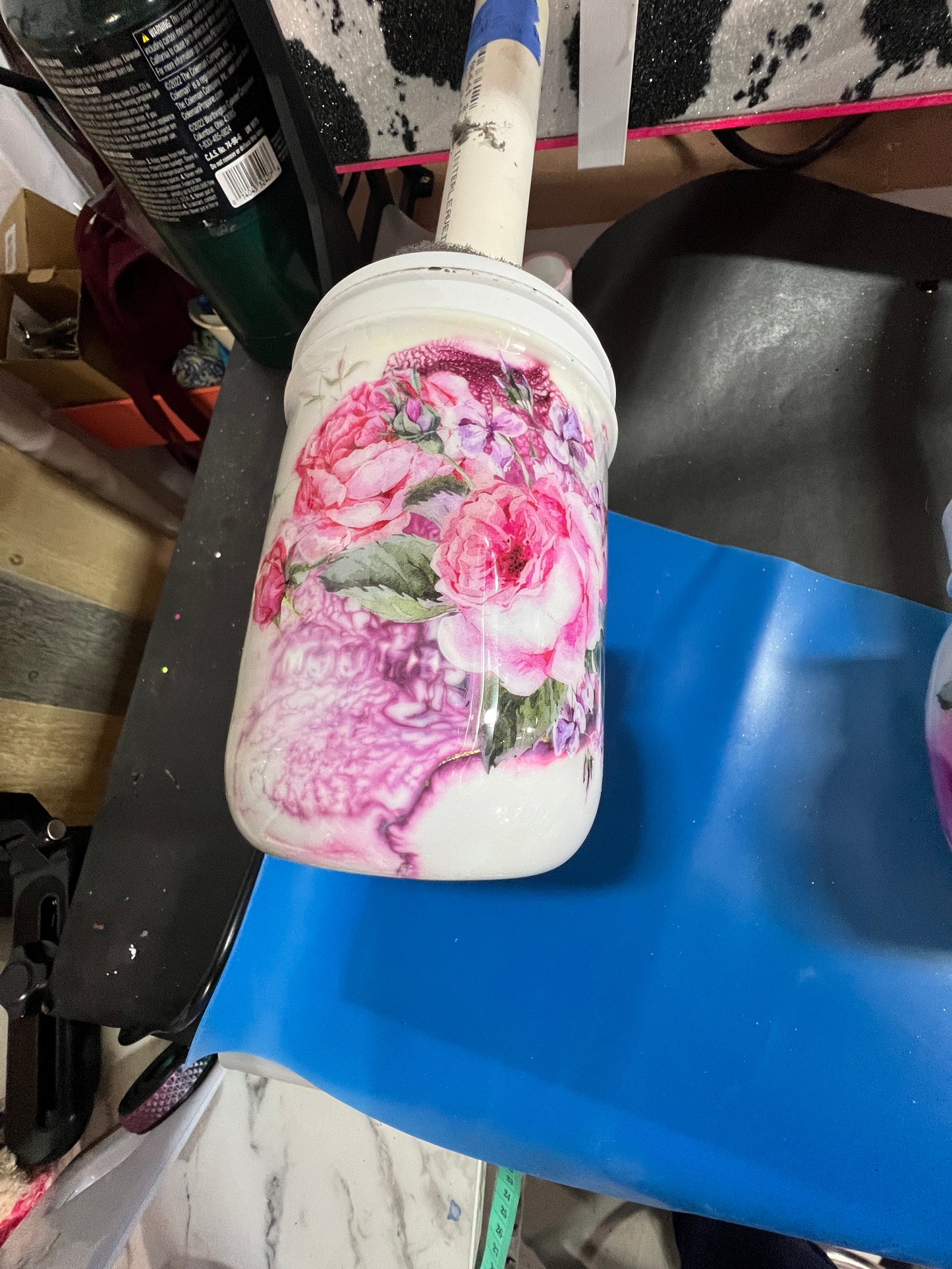 4pc Bathroom set pink, teal, mauve, white with Hand Soap Pump Dispenser (not foam), tooth brush holder, cotton ball and q-tip holders