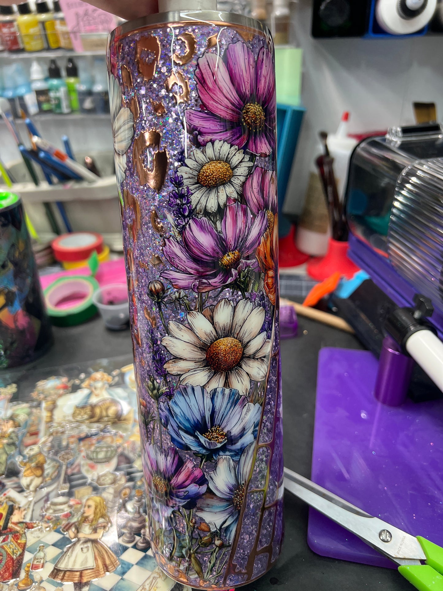 Whitney only Purple glitter copper with flowers tumbler 32oz plump tipsy
