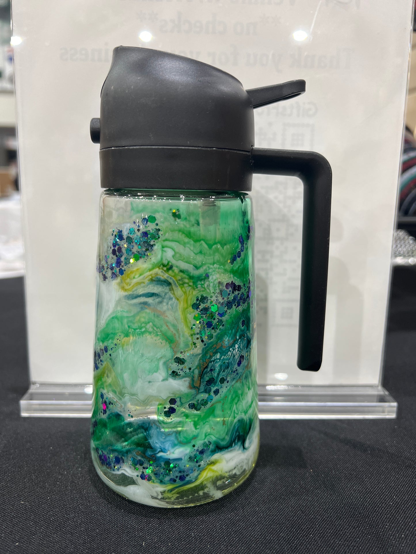 RTS.  Oil sprayer and pour bottle - Blue, white, and green with glitter 16oz