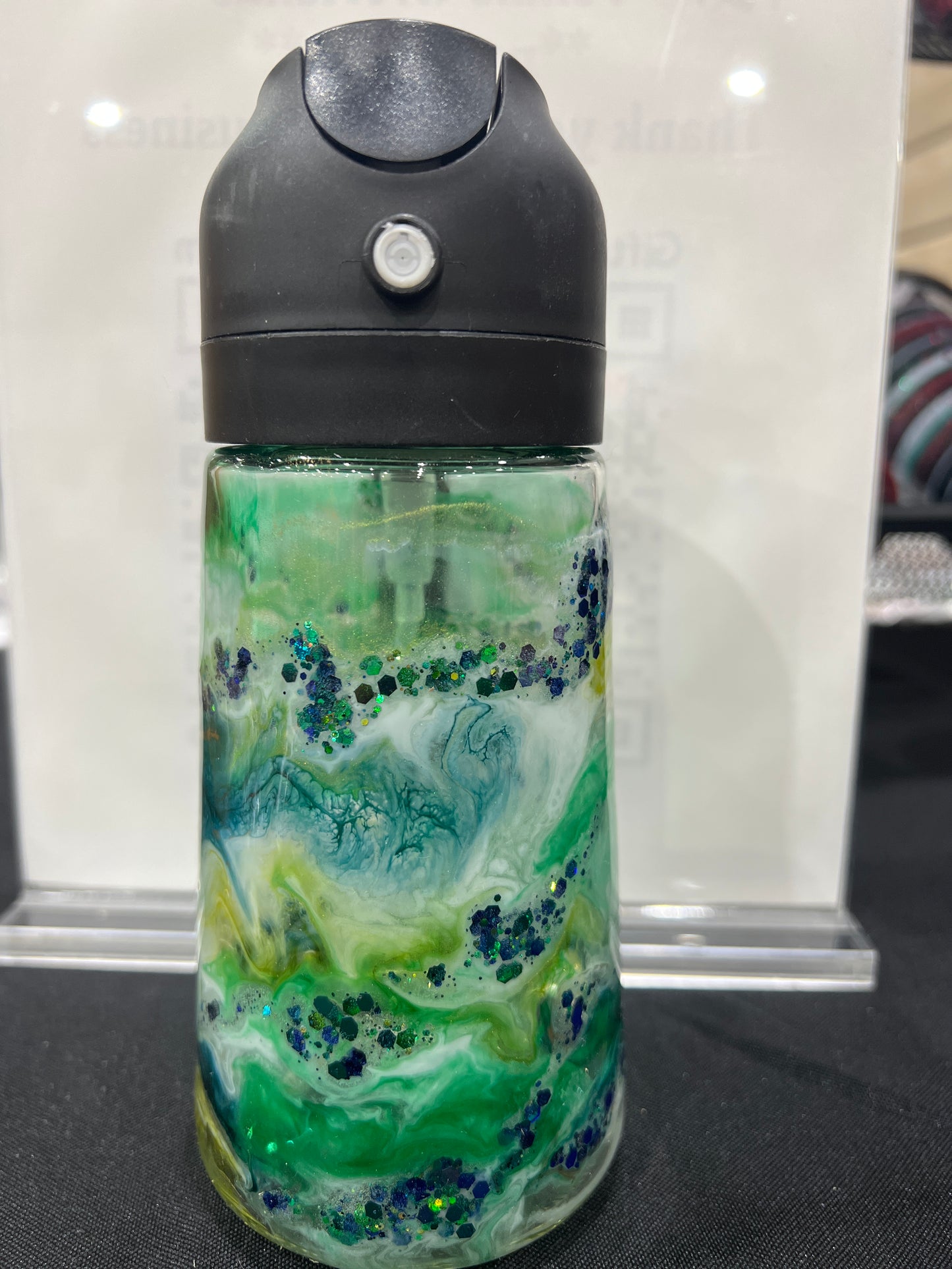 RTS.  Oil sprayer and pour bottle - Blue, white, and green with glitter 16oz