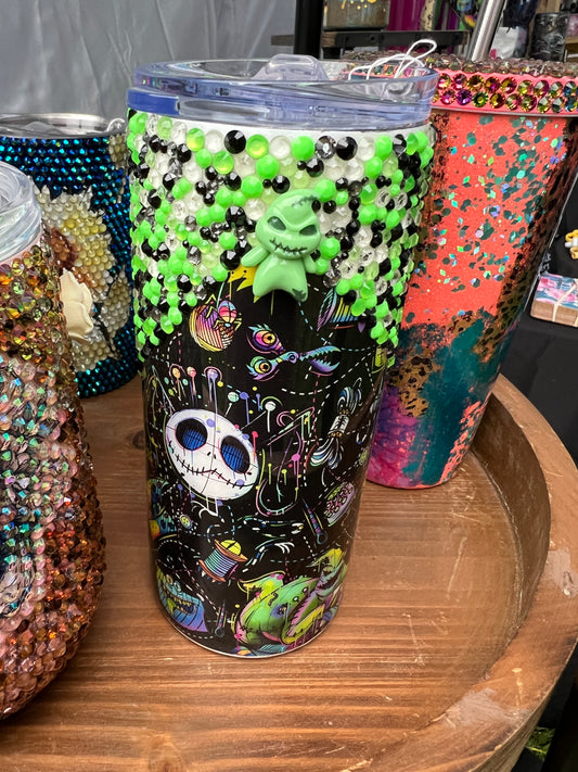 RTS.  Glow Oogieboogie nightmare Christmas rhinestone epoxy tumbler 16oz
