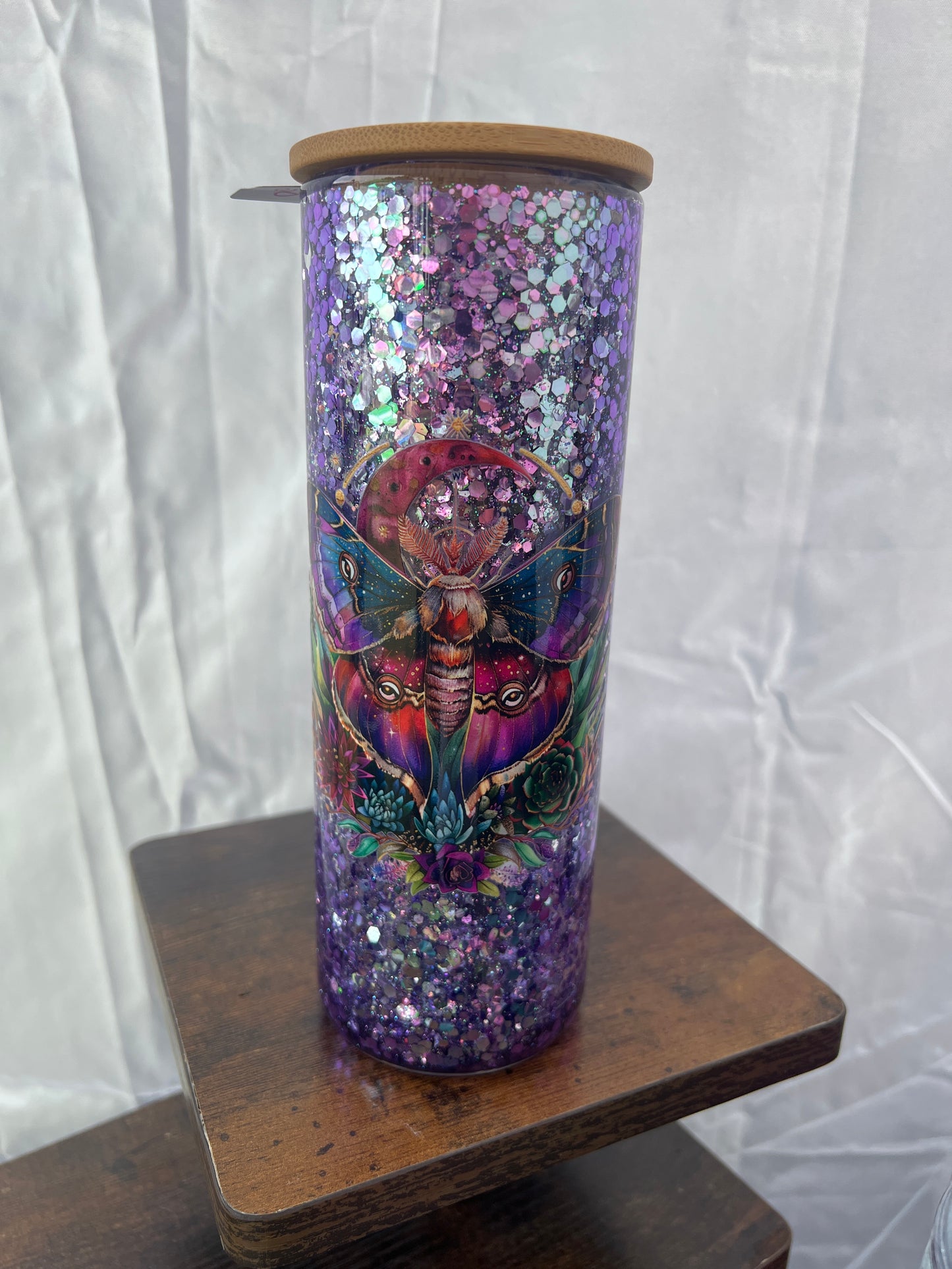 RTS.  Moth color shift glitter, glass snow globe 20oz