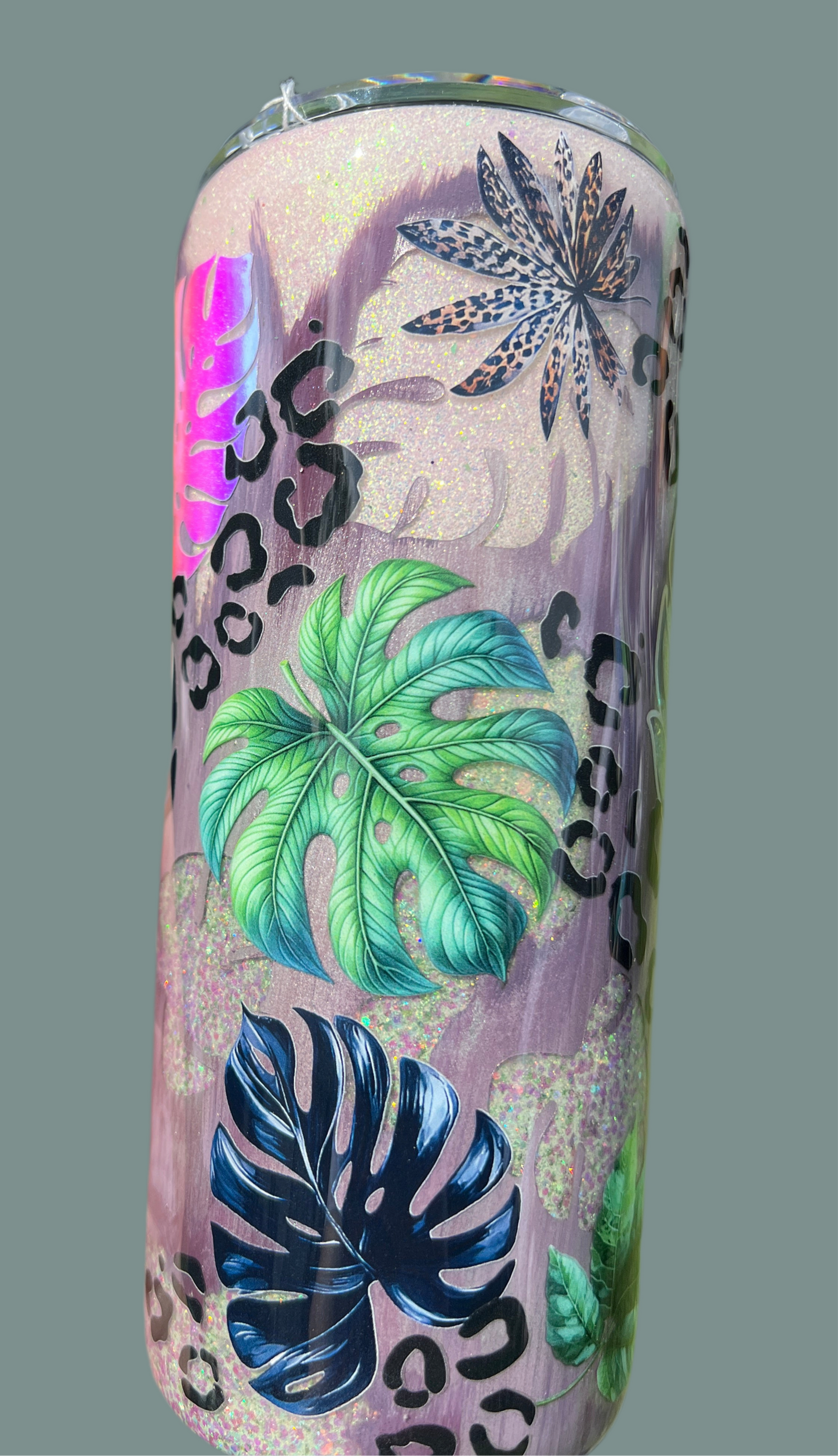 Clearance-RTS. Distressed Glow Monstera UV color change glitter base Built Brand 20oz