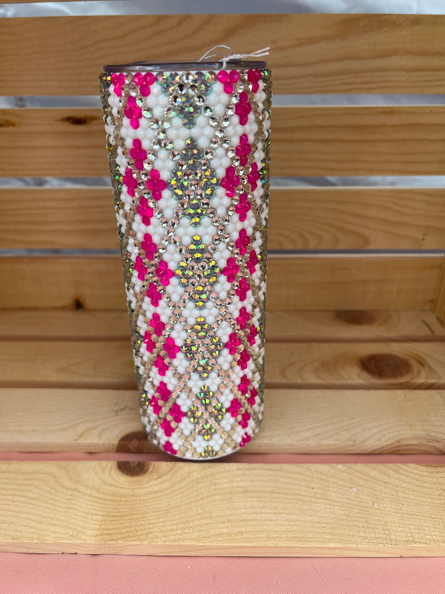 RTS. Rhinestone hot pink, white, and silver argyle Tumbler 20oz
