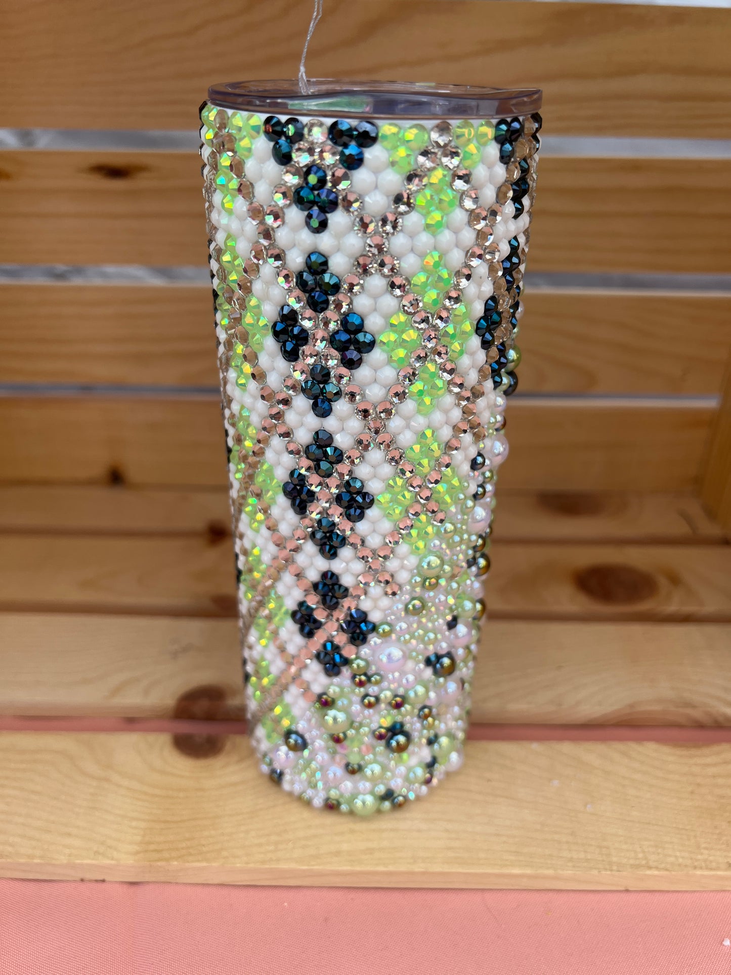 RTS. Rhinestone and half bubble scatter with bright green, navy blue, white, and silver argyle Tumbler 20oz