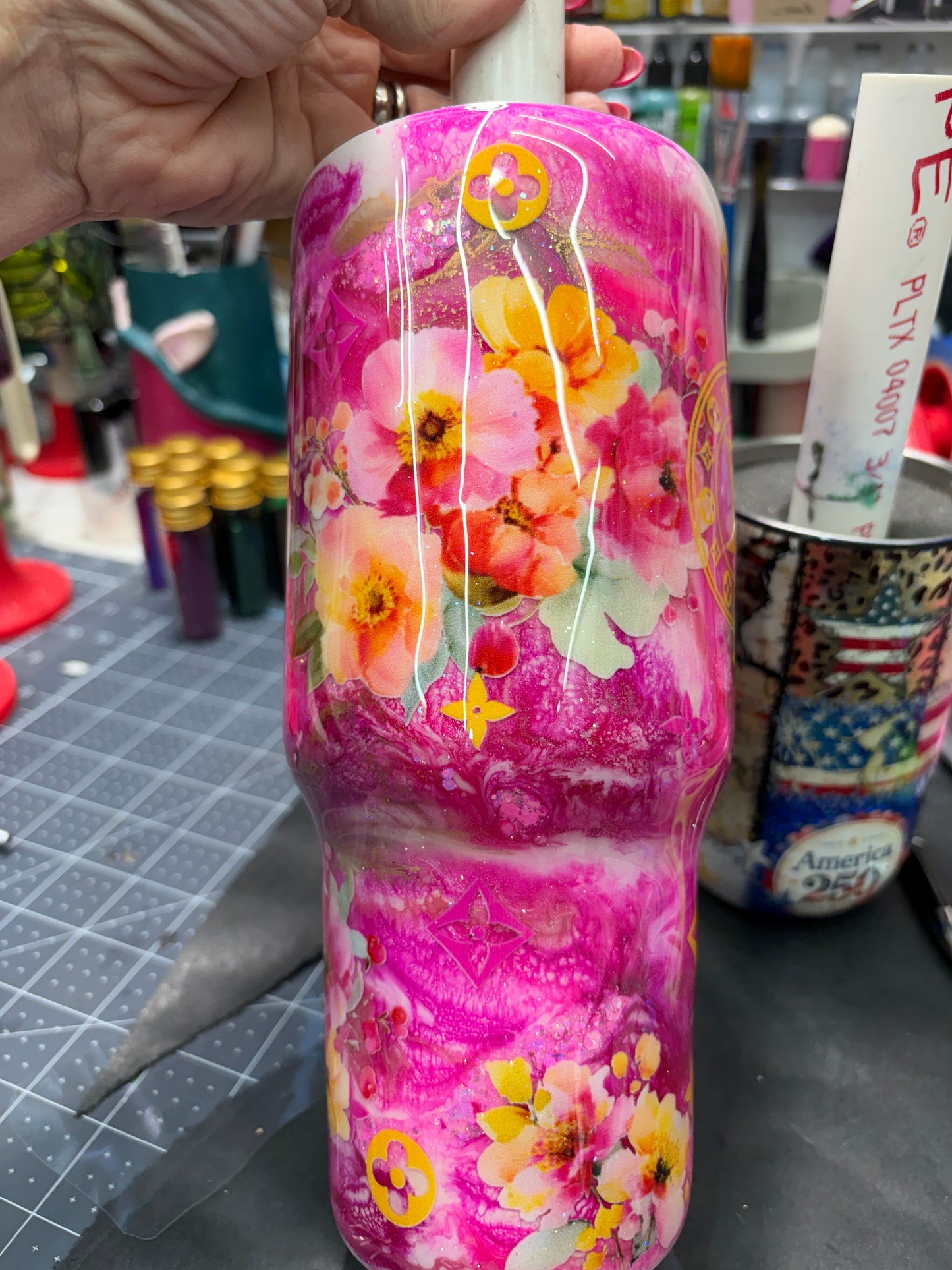 RTS. Ello 30oz - LV inspired ink swirl tumbler with carry handle hidden straw lid