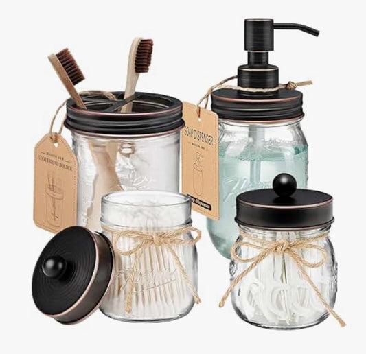 4pc Bathroom set with Hand Soap Pump Dispenser (not foam), tooth brush holder, cotton ball and q-tip holders - customizable, you pick colors