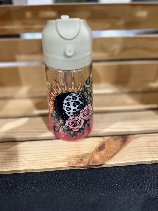 RTS.  Oil sprayer and pour bottle - glow in the dark flame design with roses sun and moon decal  16oz