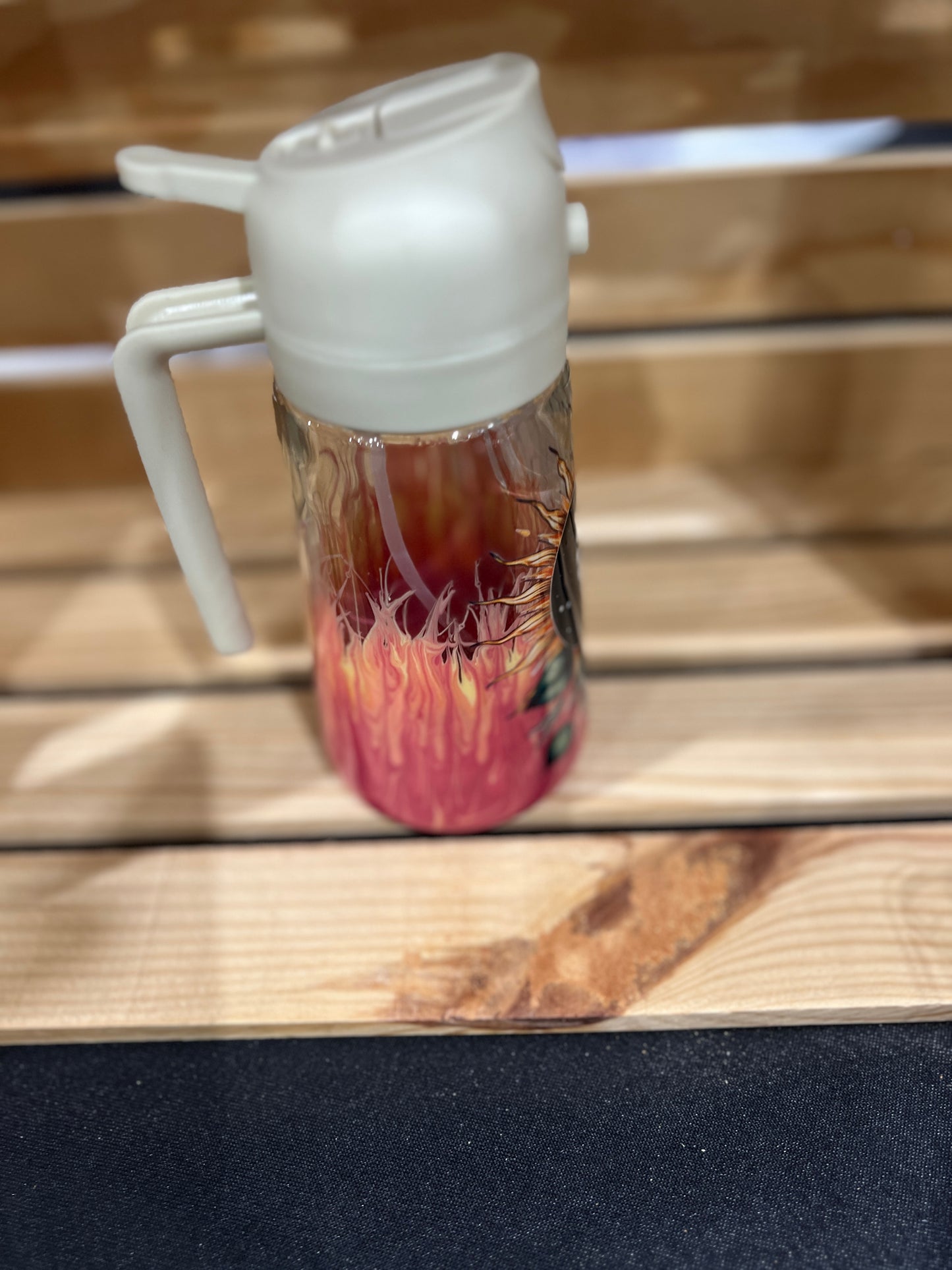 RTS.  Oil sprayer and pour bottle - glow in the dark flame design with roses sun and moon decal  16oz