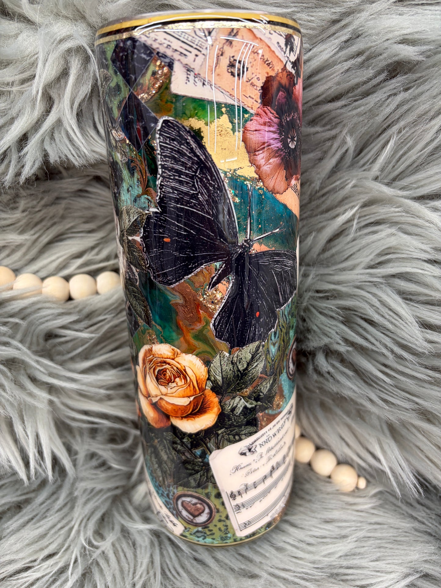 New - Butterfly, Flower, music sheetsantique with foil and ink base30oz tumbler