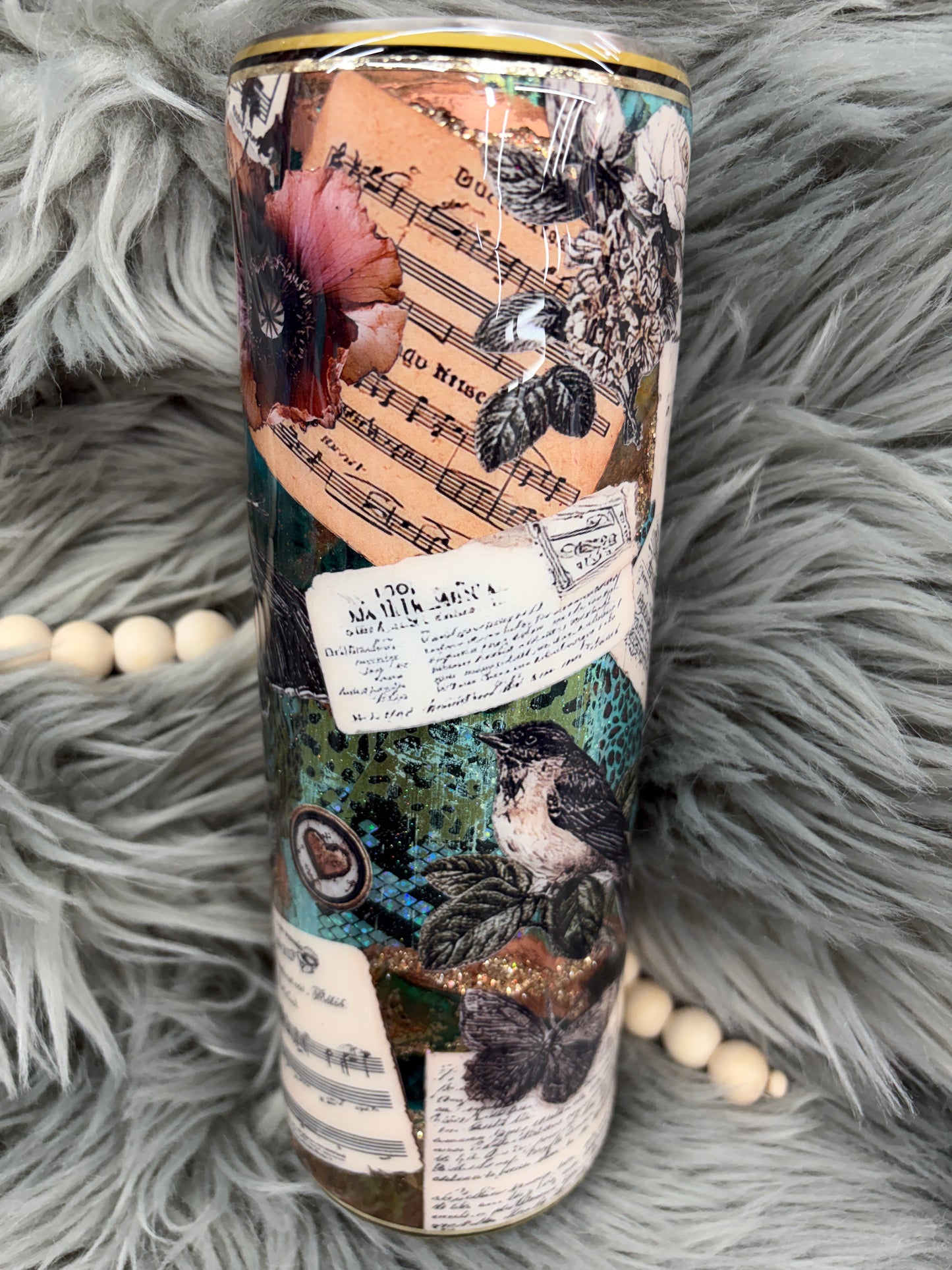 New - Butterfly, Flower, music sheetsantique with foil and ink base30oz tumbler