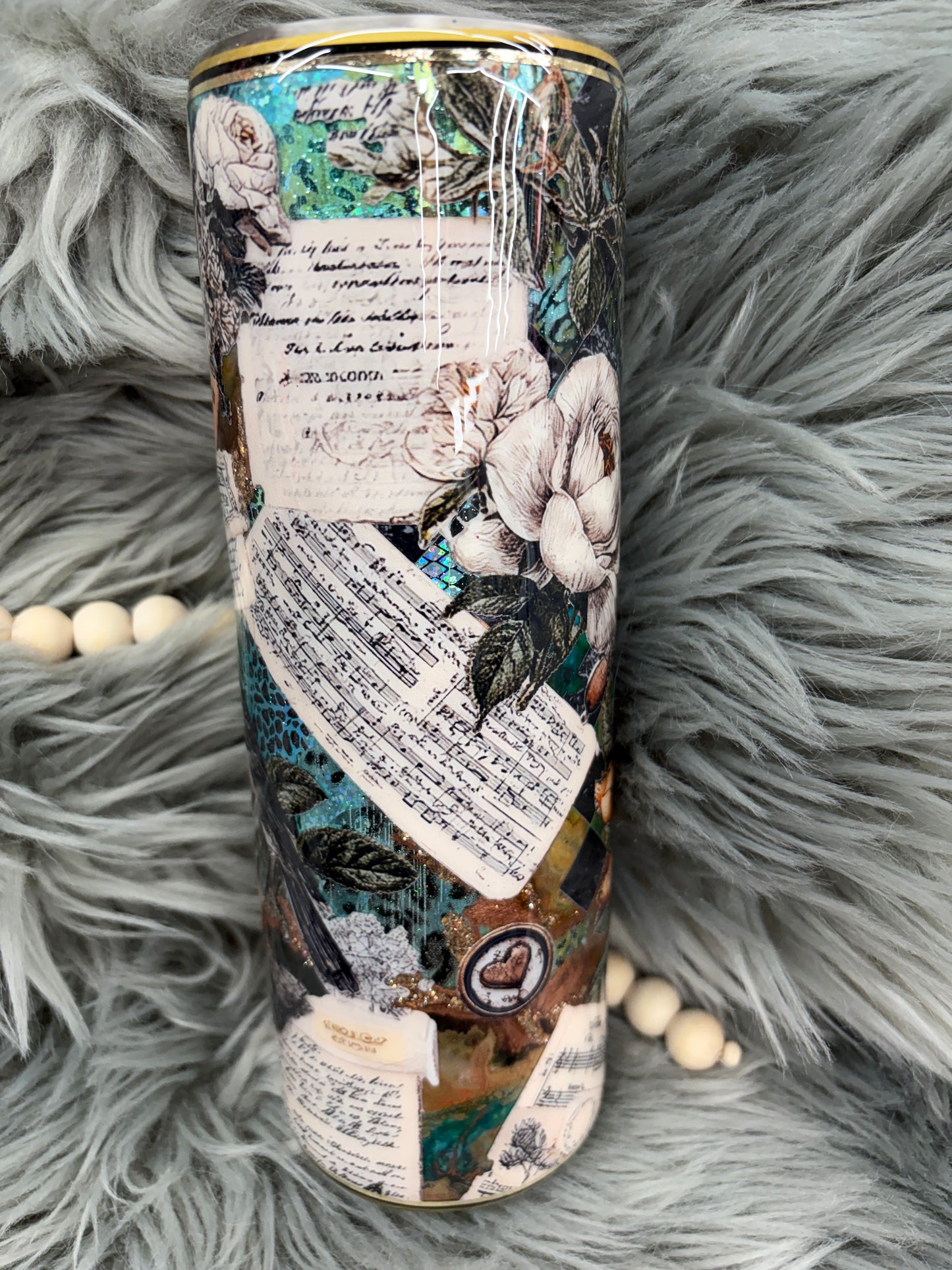 New - Butterfly, Flower, music sheetsantique with foil and ink base30oz tumbler