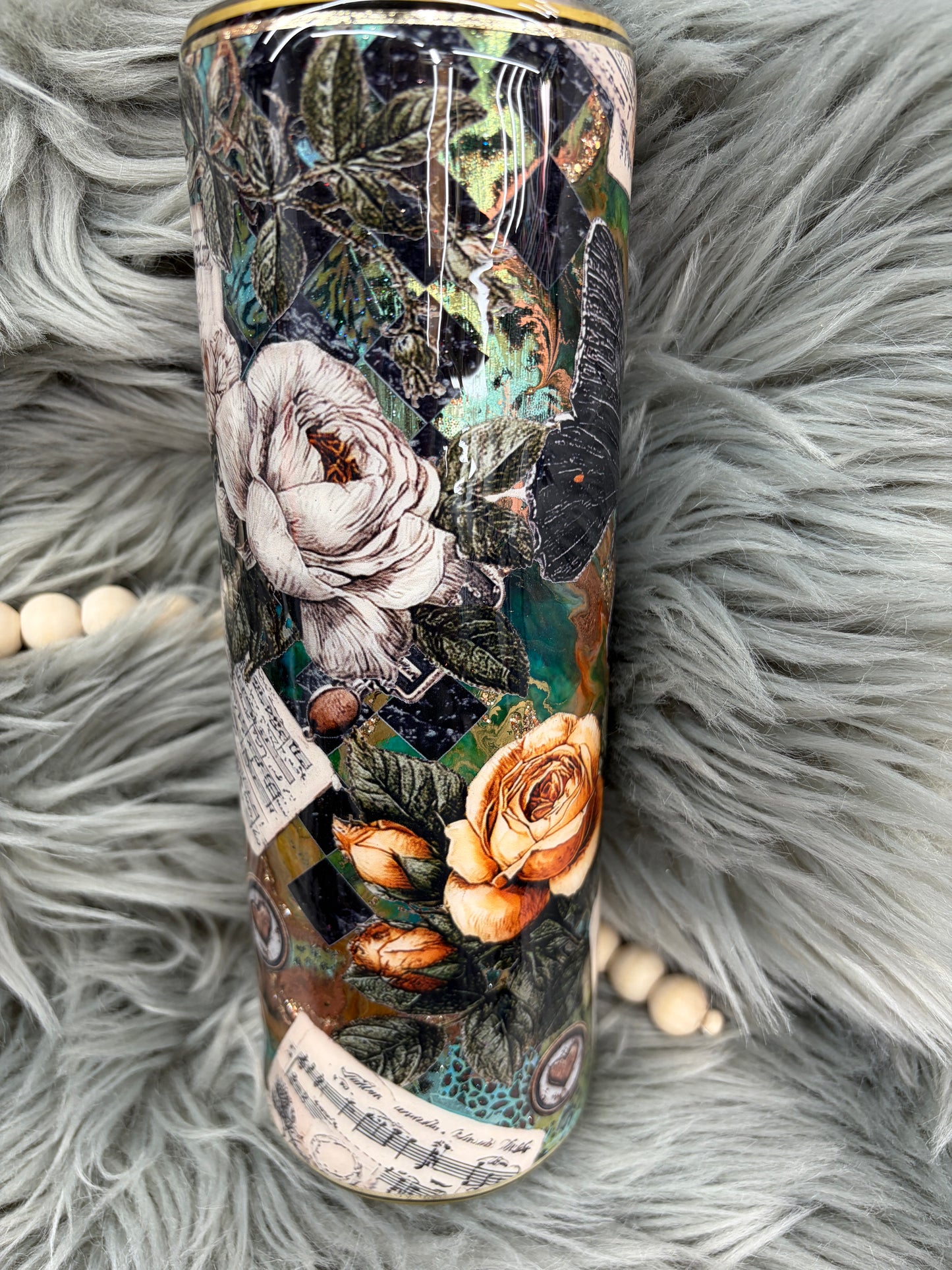 New - Butterfly, Flower, music sheetsantique with foil and ink base30oz tumbler